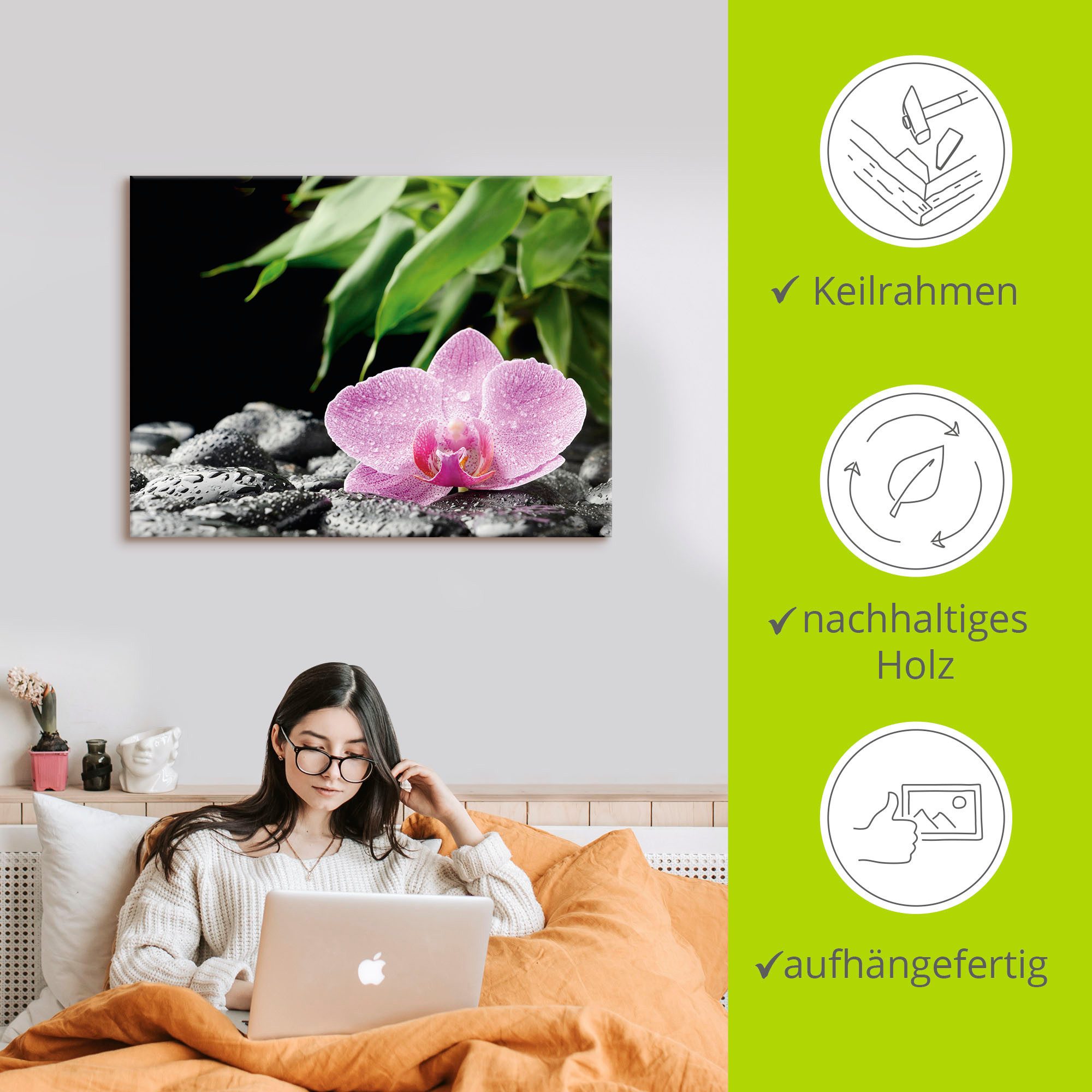 Artland Artprint Roze orchidee op zwarte zen stenen als artprint op linnen, poster in verschillende formaten maten