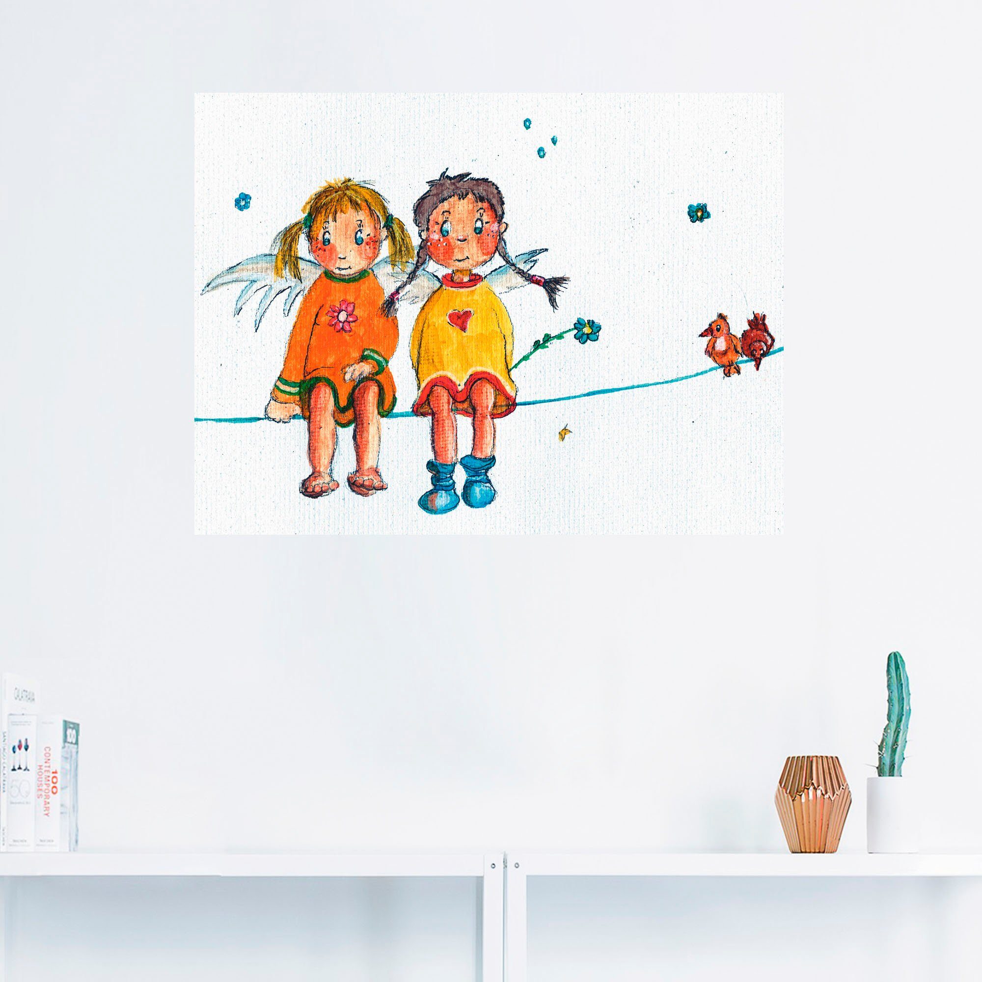 Artland Artprint Twee engeltjes zitten op de waslijn als artprint op linnen, muursticker in verschillende maten