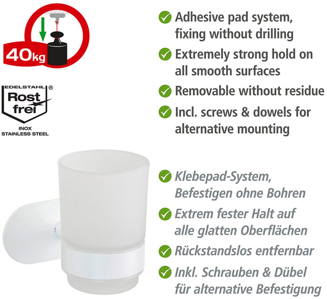 WENKO Poetsbeker Turbo-Loc® model Uno Orea met wandbevestiging zonder boren, roestvrij staal, gesatineerd glas