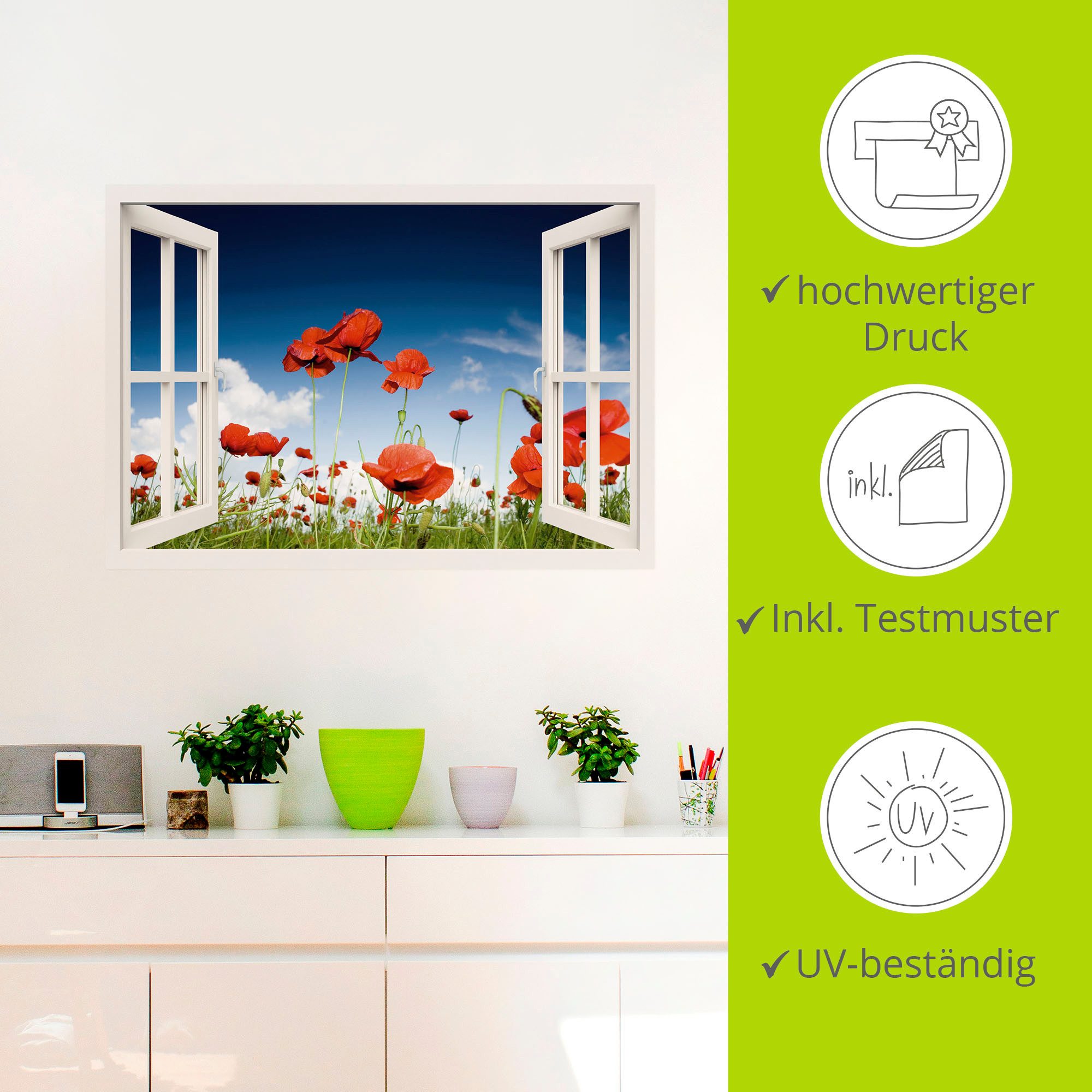 Artland Artprint Blik uit het venster veld met klaprozen als artprint op linnen, poster, muursticker in verschillende maten