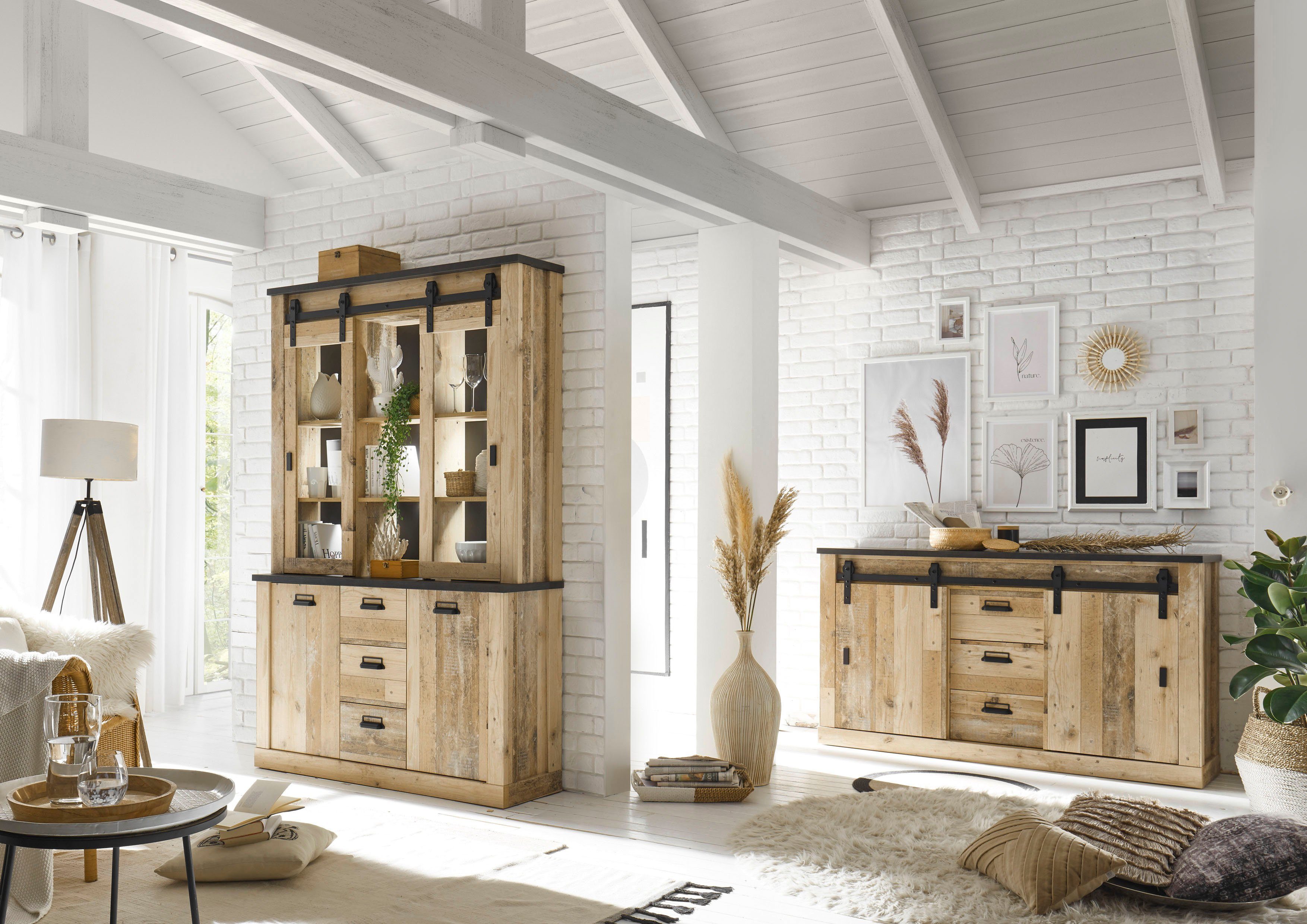 Home affaire Wandmeubel Sherwood Schuurdeurbeslag en apothekersgrepen van metaal, hoogte 201 cm (2-delig)