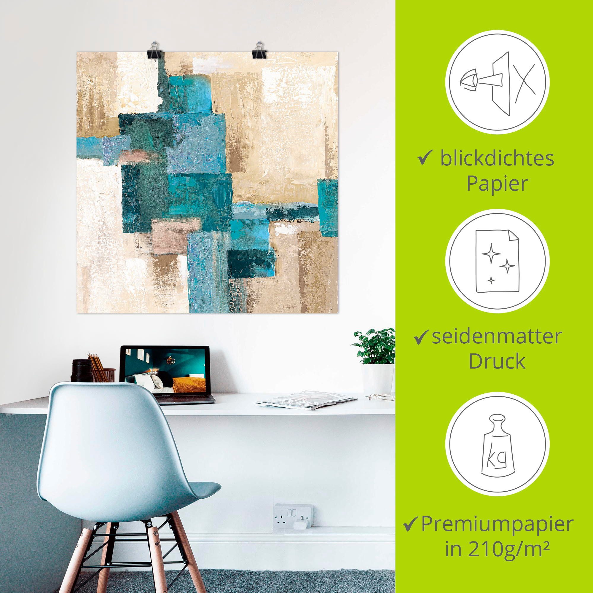 Artland Artprint Abstracte ruiten beige-turquoise als artprint van aluminium, artprint voor buiten, artprint op linnen, poster in verschillende maten. maten