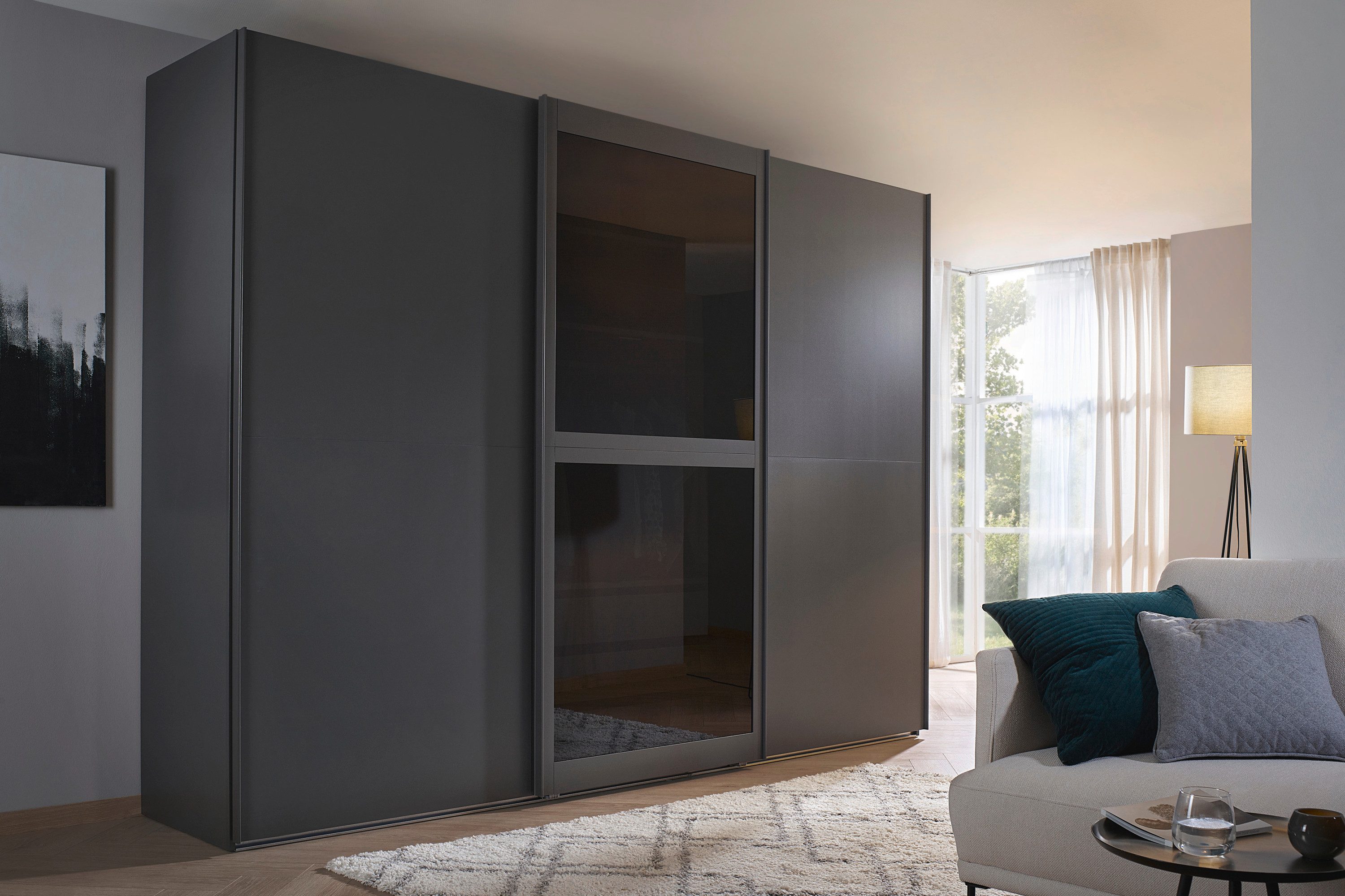 rauch Schuifdeurkast Kledingkast Kast Garderobe Slaapkamerkast LUMIS met glazen deuren van transparant grijs glas made in germany