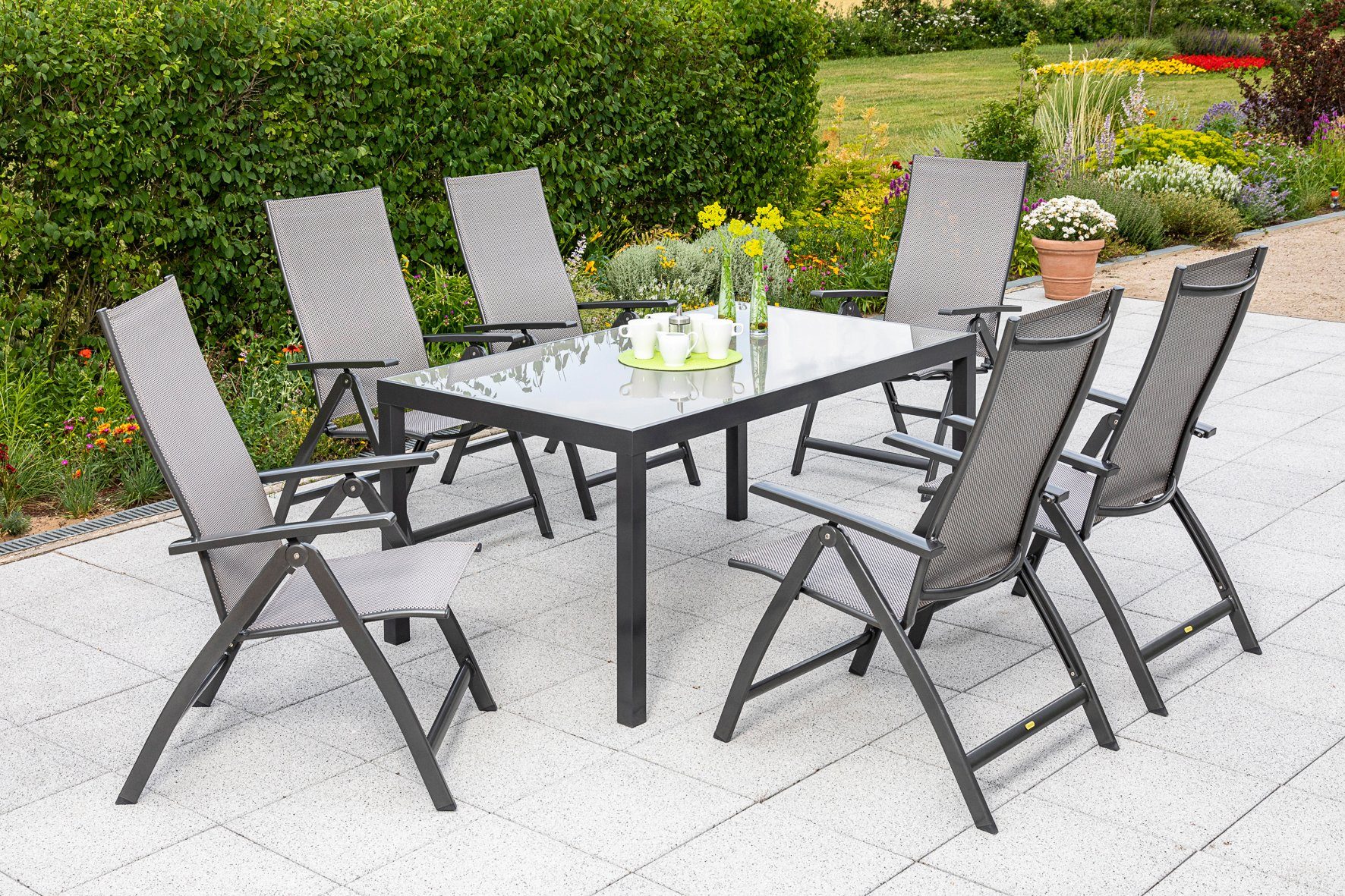 MERXX Tuin-eethoek VICENZA 6 klapstoelen met tafel (7-delig) tuinsets bruin