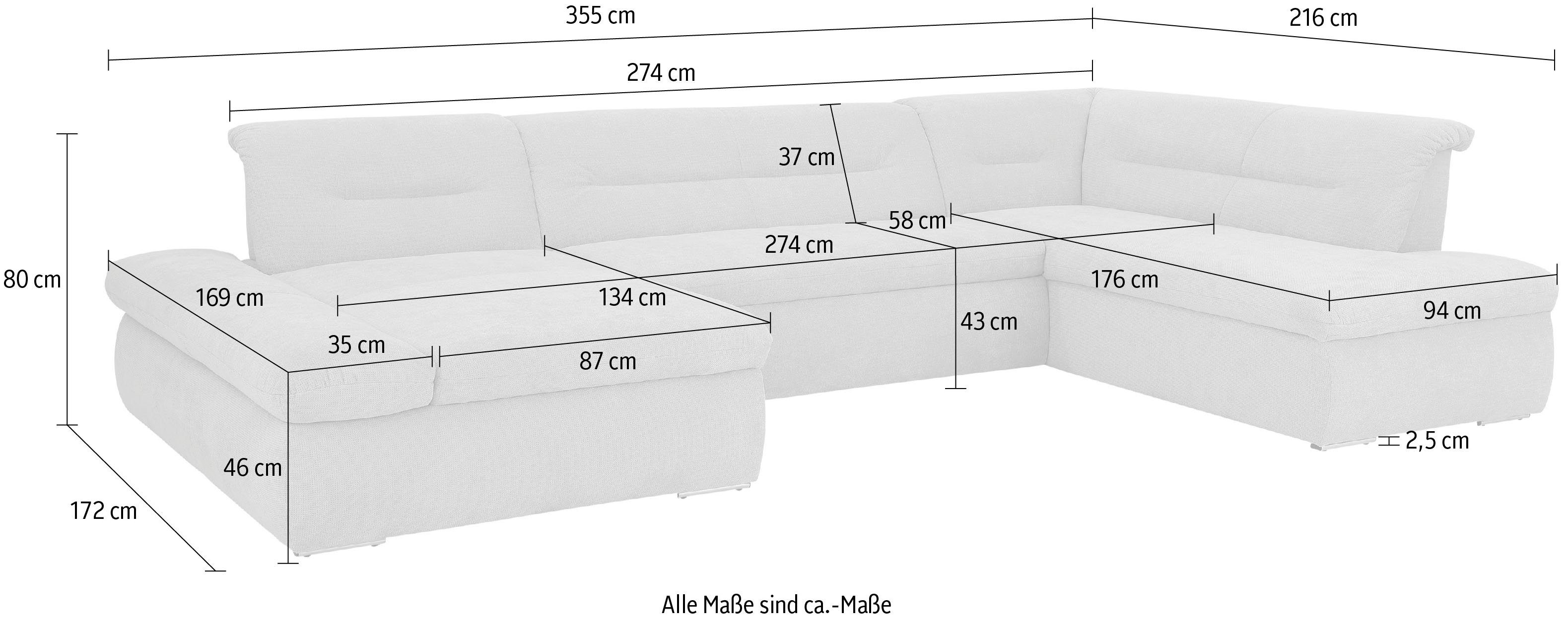 INOSIGN Zithoek Avesa U-vorm Naar keuze met verstelbare armleuningen en slaapfunctie, bxdxh: 355x216x80cm