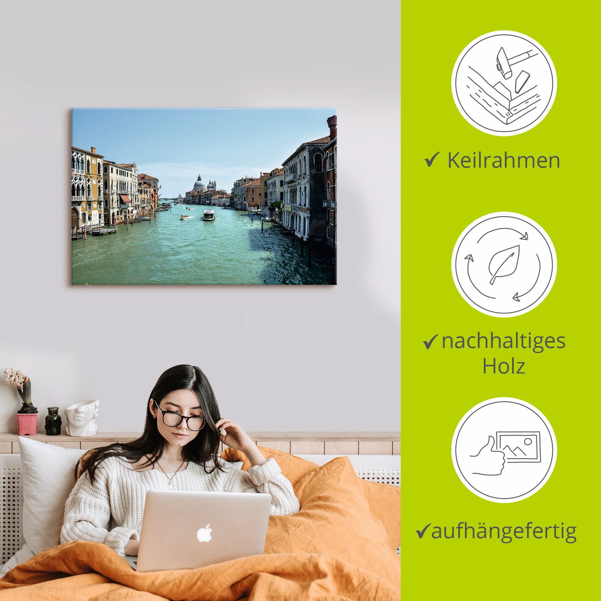 Artland Artprint op linnen Canale Grande Venetië bij zonneschijn