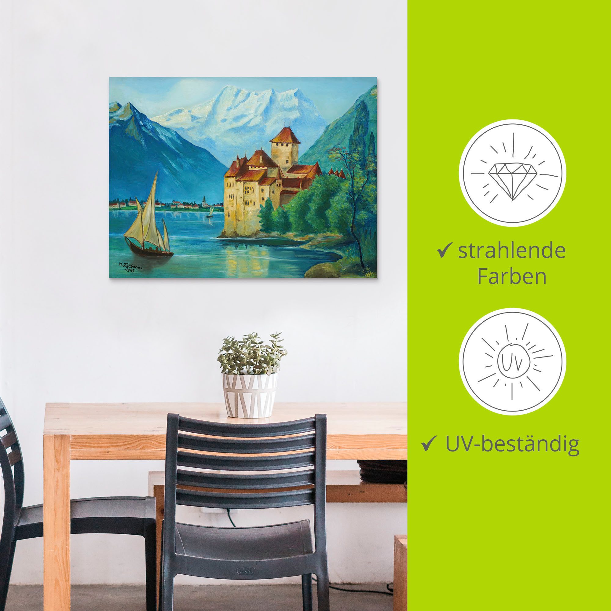 Artland Aluminium dibond print Kasteel Chillon aan het Meer van Genève geschikt voor binnen en buiten, buitenafbeelding