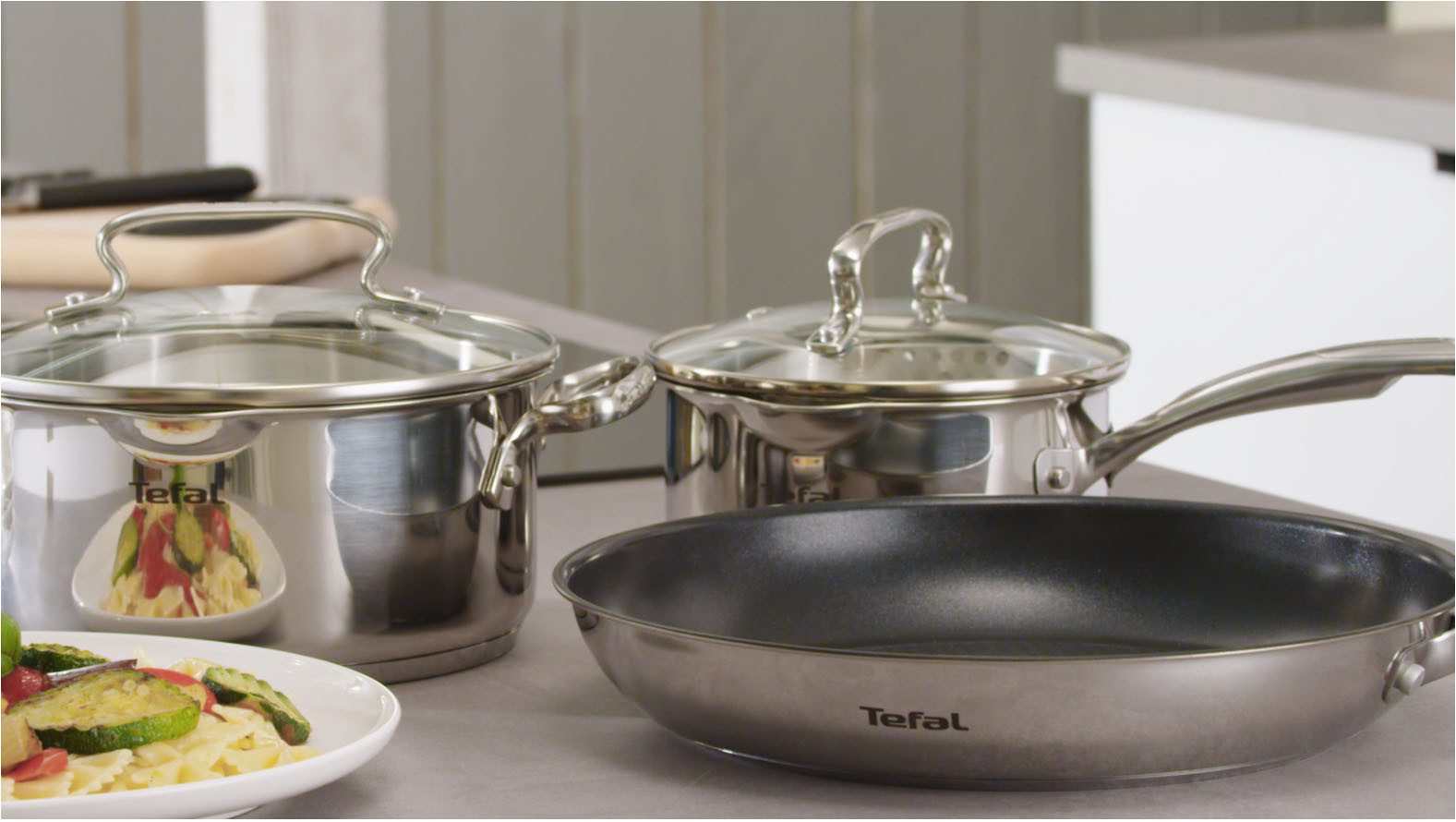 Tefal Pannenset Duetto+, langlebige Antihaftversiegelung, Thermo-Signal Premium roestvrij staal, inductiepan, temperatuurindicator (set, 3-delig)