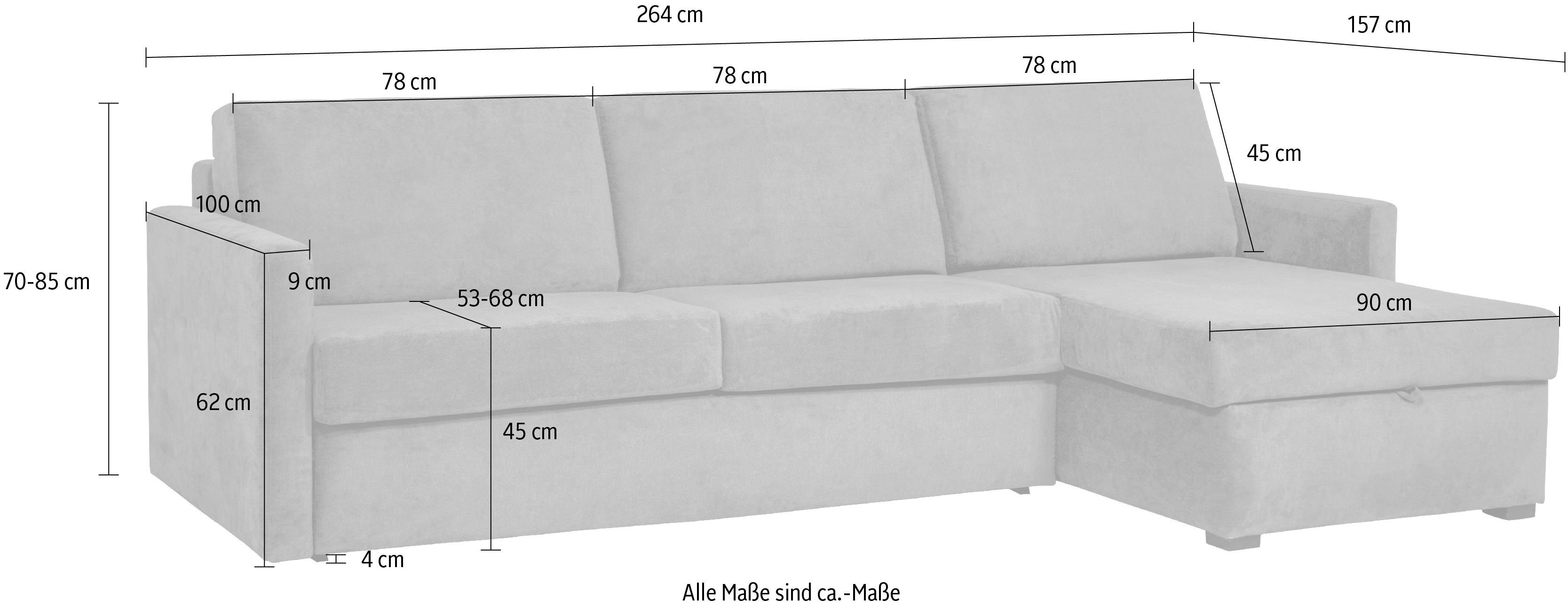Places of Style Slaapbank GOLDPOINT hoekbank 264 cm, ligoppervlak (140/200 cm), L-vorm, Slaapfunctie, Bonell-binnenveringsmatras en volwaardige bedfunctie