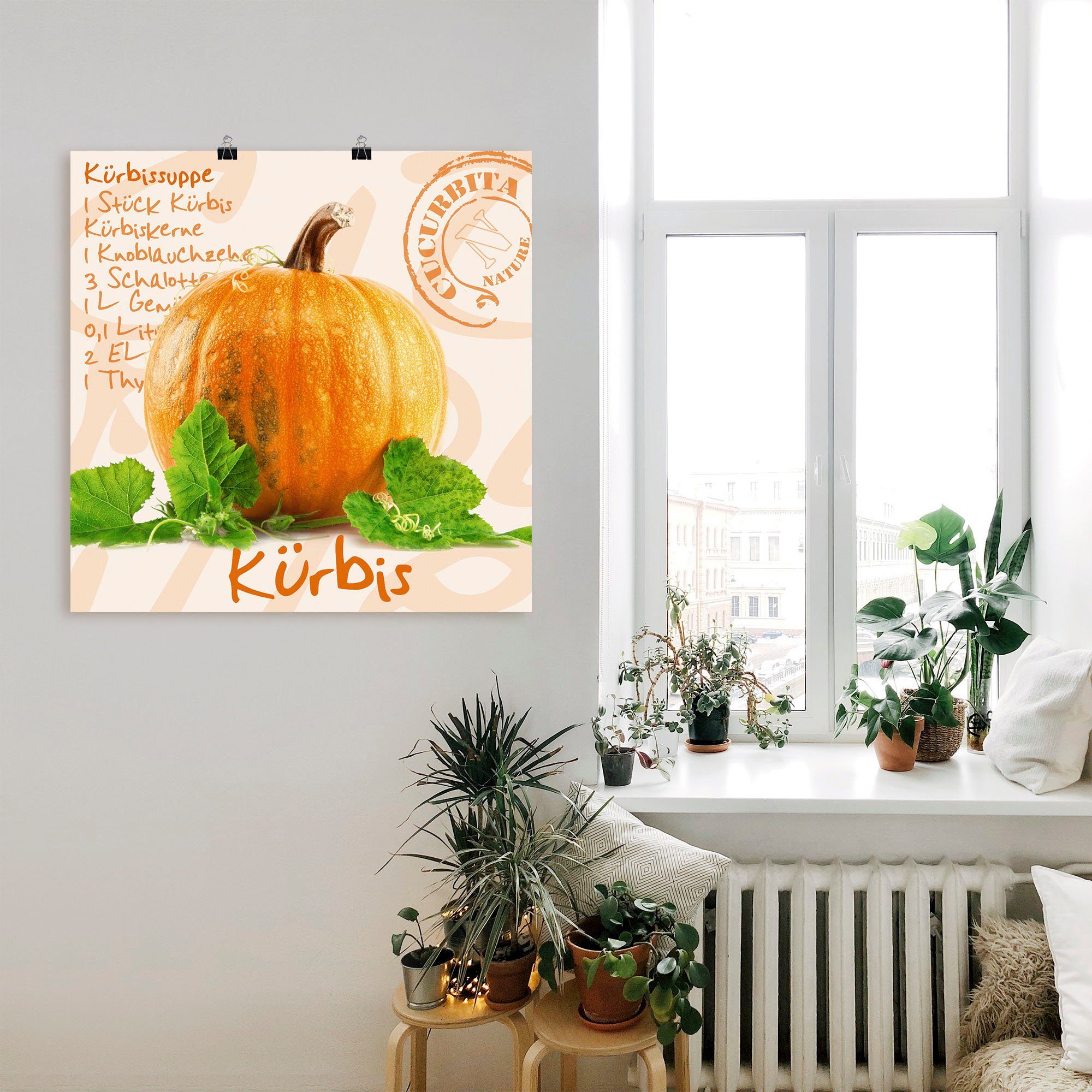 Artland Artprint Gele pompoen met groene bladeren als poster, muursticker in verschillende maten
