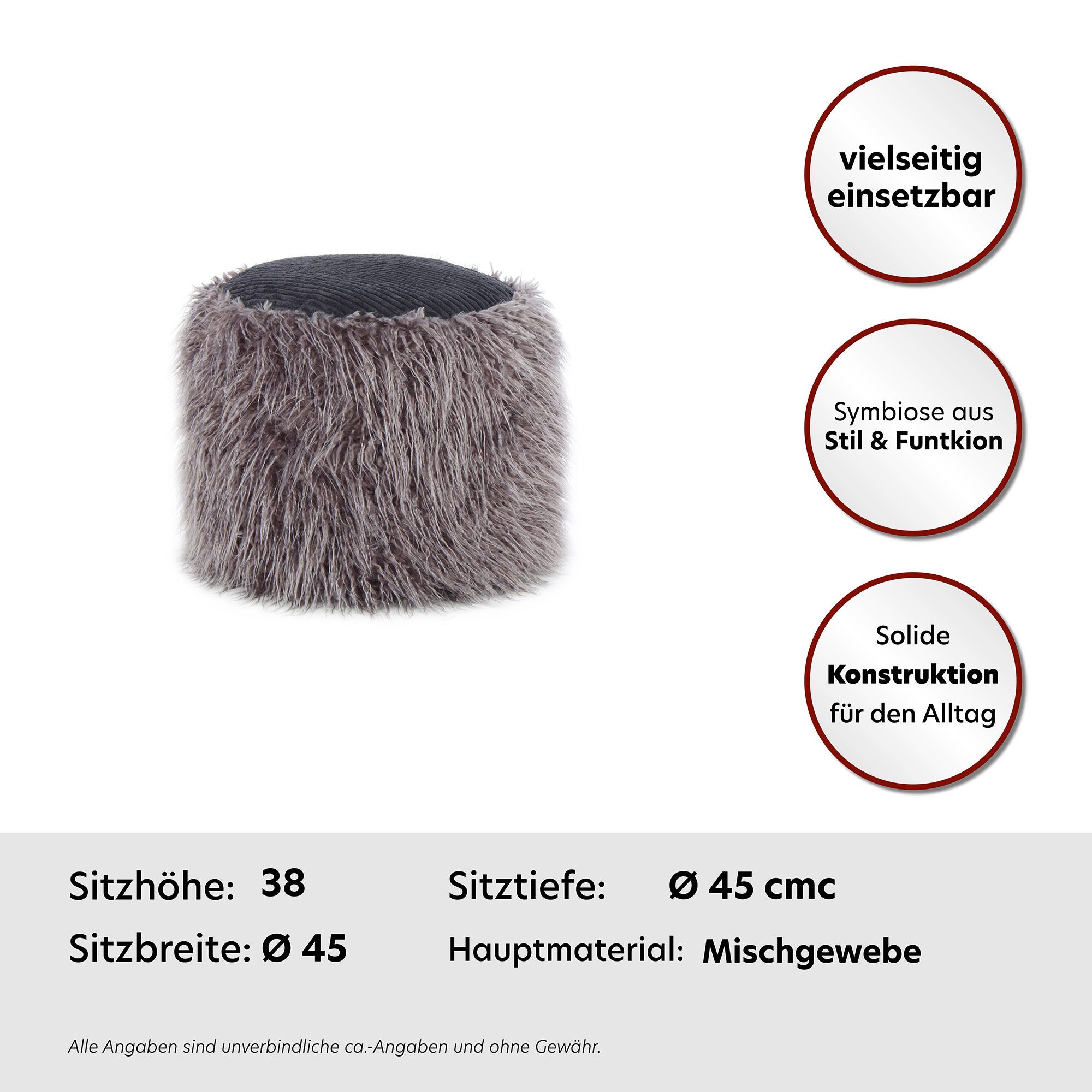 Kayoom Poef Bont pouf Bobtail 125, bont hocker in tweekleurig ontwerp (1 stuk)
