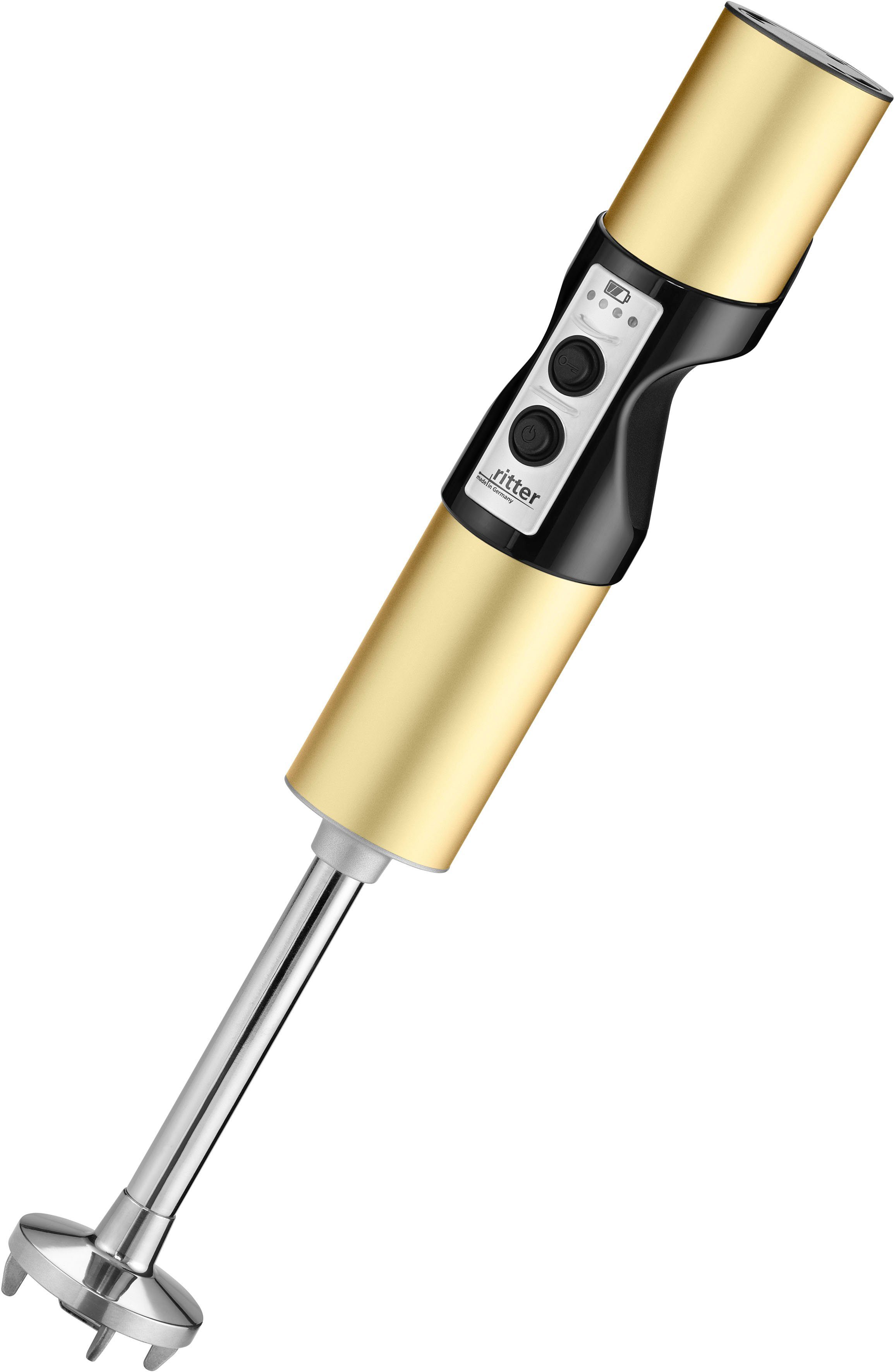 Ritter Accu-staafmixer Stilo 7 plus trendkleur goud met 4 opzetstukken van edelstaal en 2 mengbekers