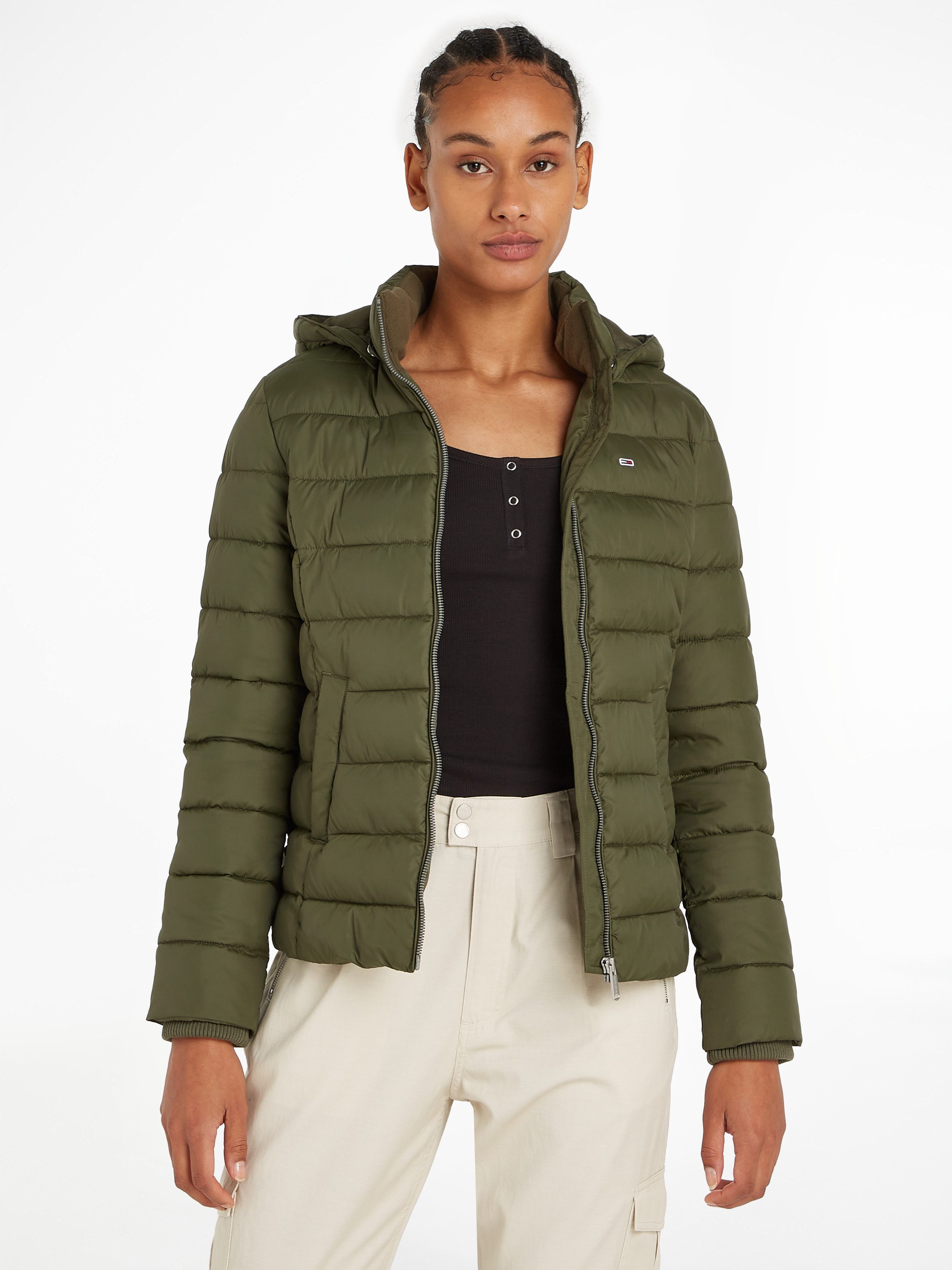 TOMMY JEANS Gewatteerde jas TJW BASIC HOODED JACKET dames donsjassen maat XS (34) groen