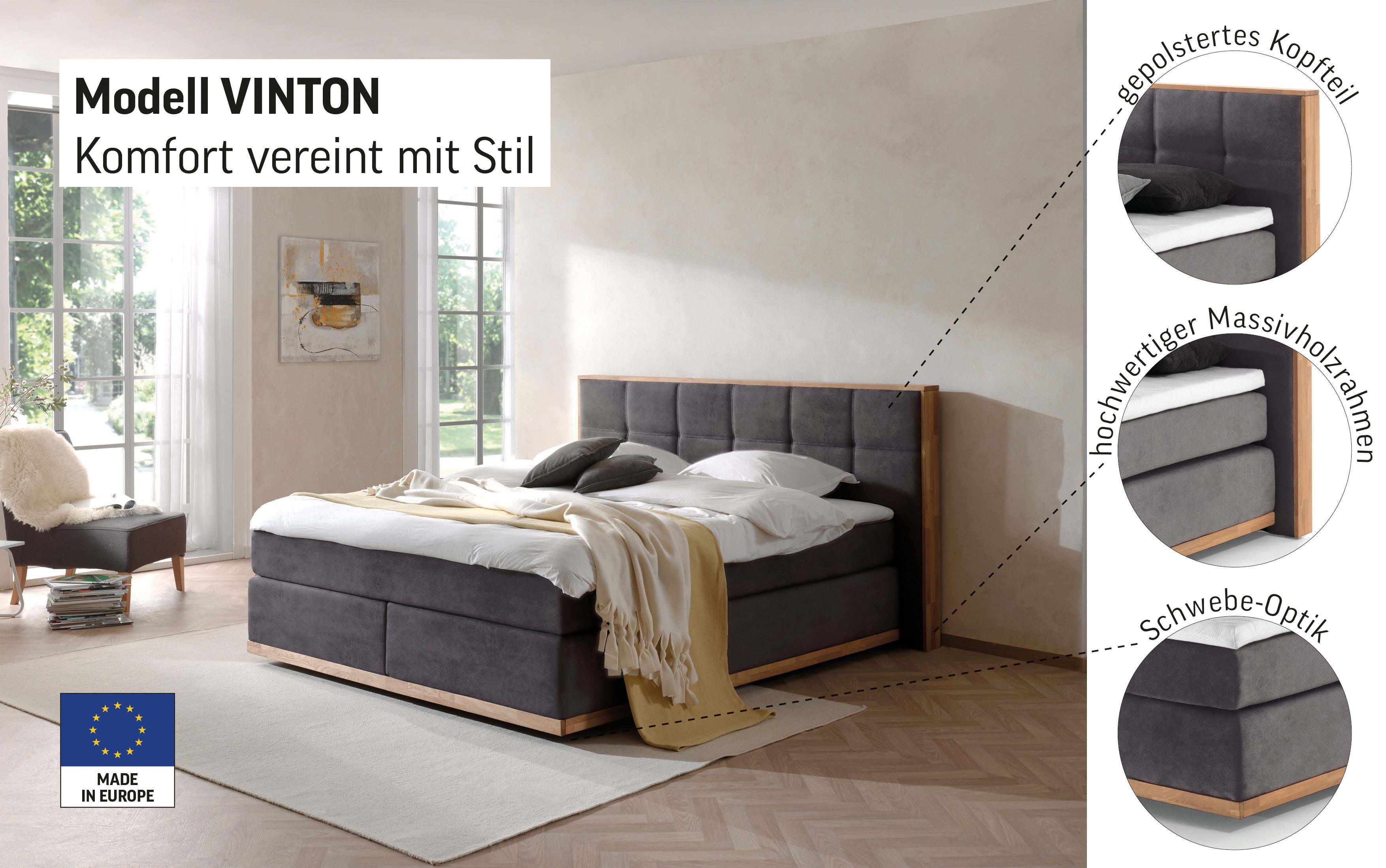 Places of Style Boxspring Vinton van massief eiken, verschillende hardheden (ook h4) (5-delig)