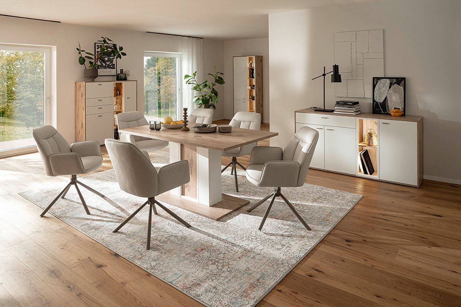 MCA furniture Kolom eettafel SANTERNO eettafel met voetplaat Tafel, soft white/viking eik, met zuil, belastbaar 50kg, breedte 160 cm