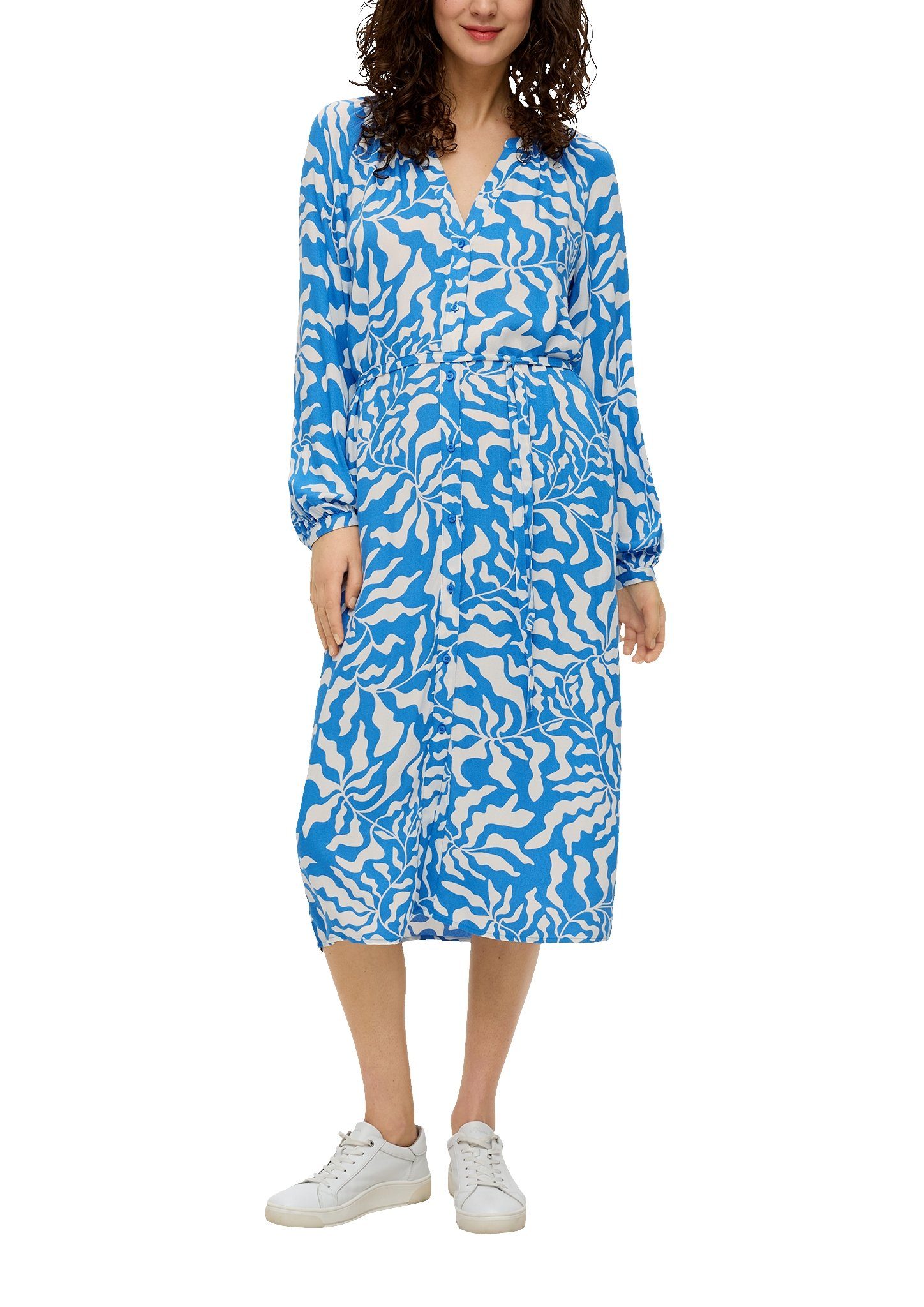 S.Oliver jurk met bladprint en plooien blauw wit