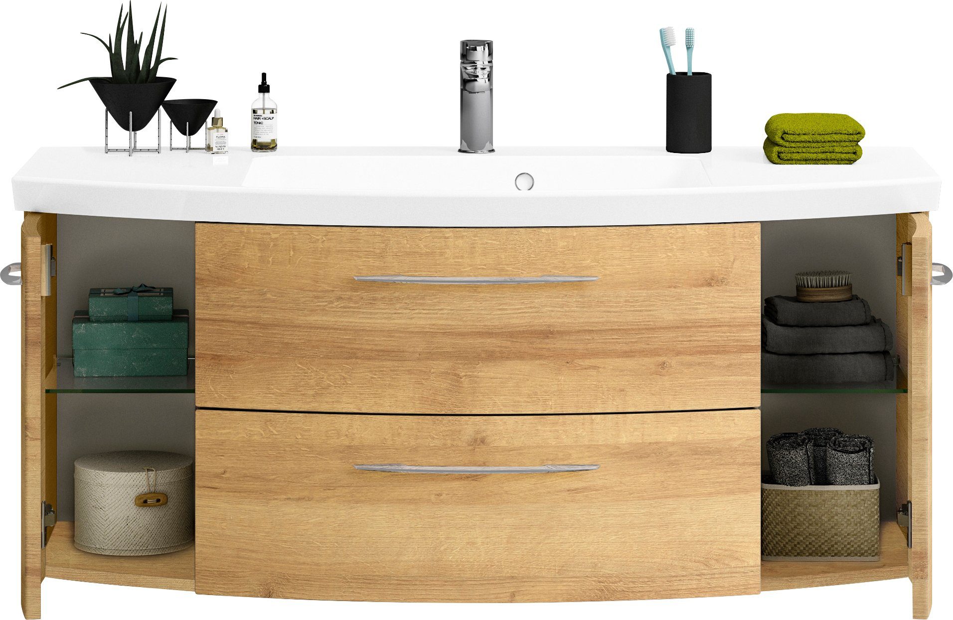 Saphir Badkamerserie Cassca sprint wastafelmeubel mineraalmarmeren wastafel met onderkast Wastafelmeubel met 2 deuren, 2 laden, inclusief deurdemper, badkamerkast (1 stuk)