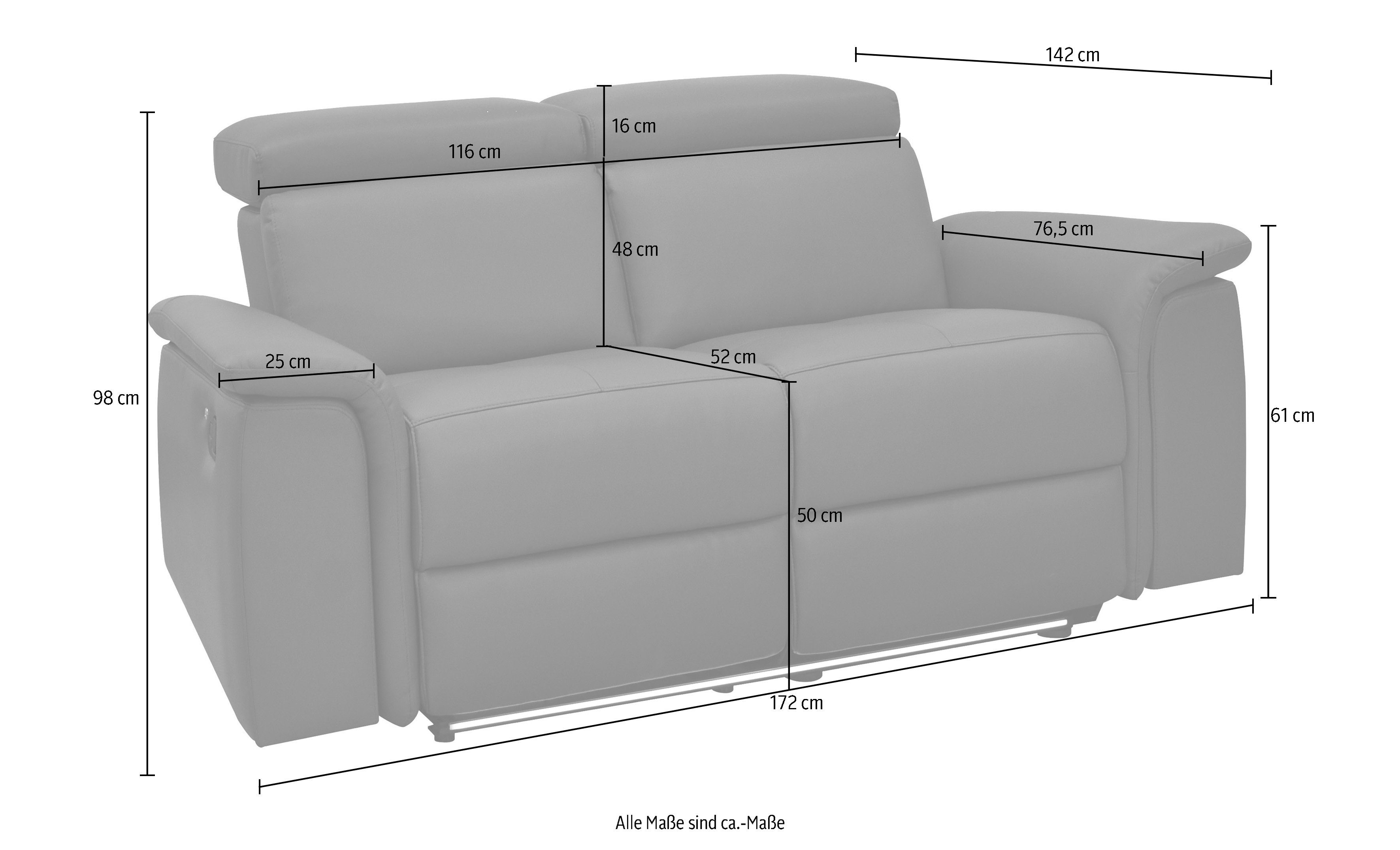 Places of Style 2-zitsbank Pareli 172 cm, handmatige en elektrische relaxfunctie USB, hoofdsteunverstelling, LED, in echt leer, kunstleer, web