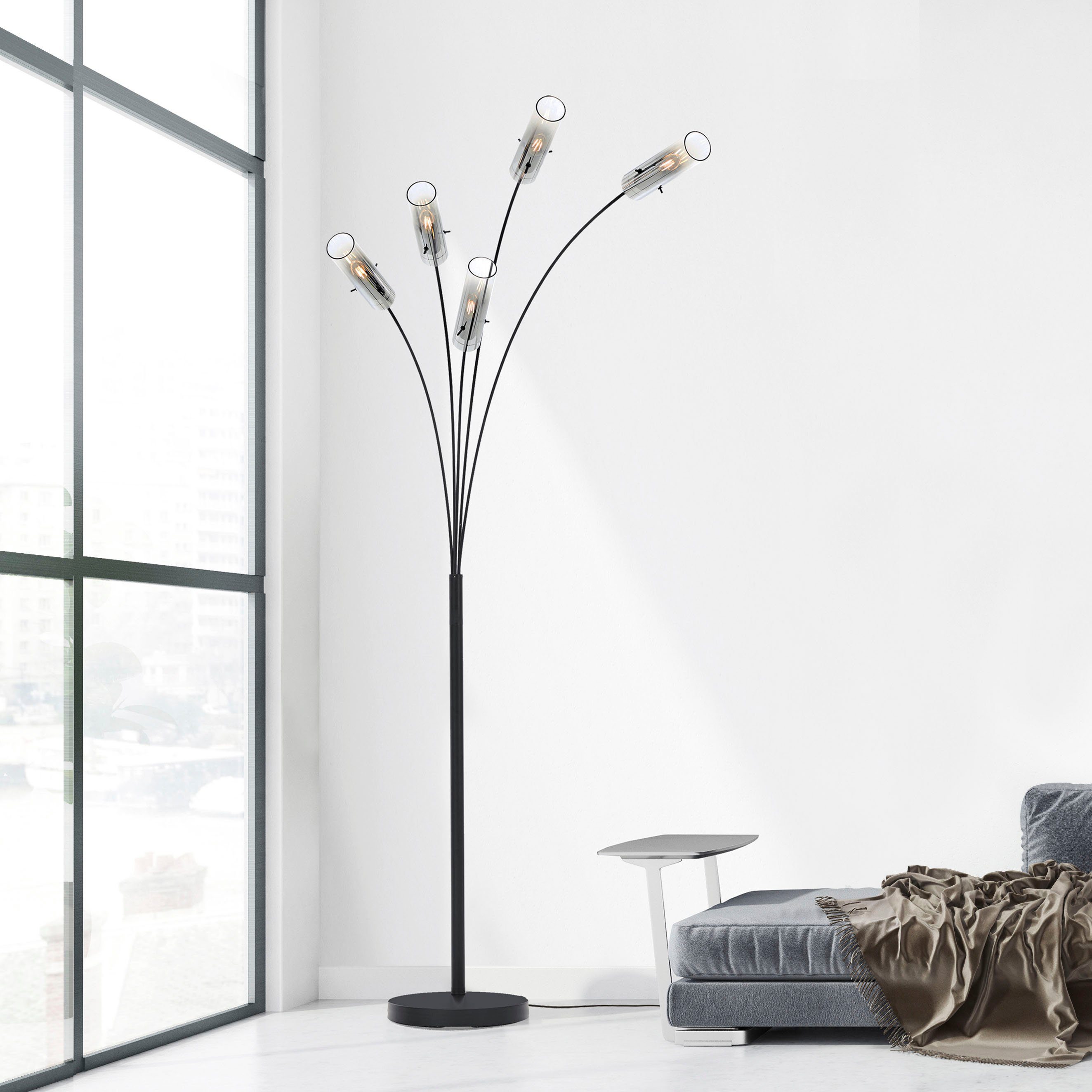 Brilliant Leuchten Staande lamp Glasini 200 x 30 x 73 cm, 5 x e14, metaal/rookglas, mat zwart (1 stuk)
