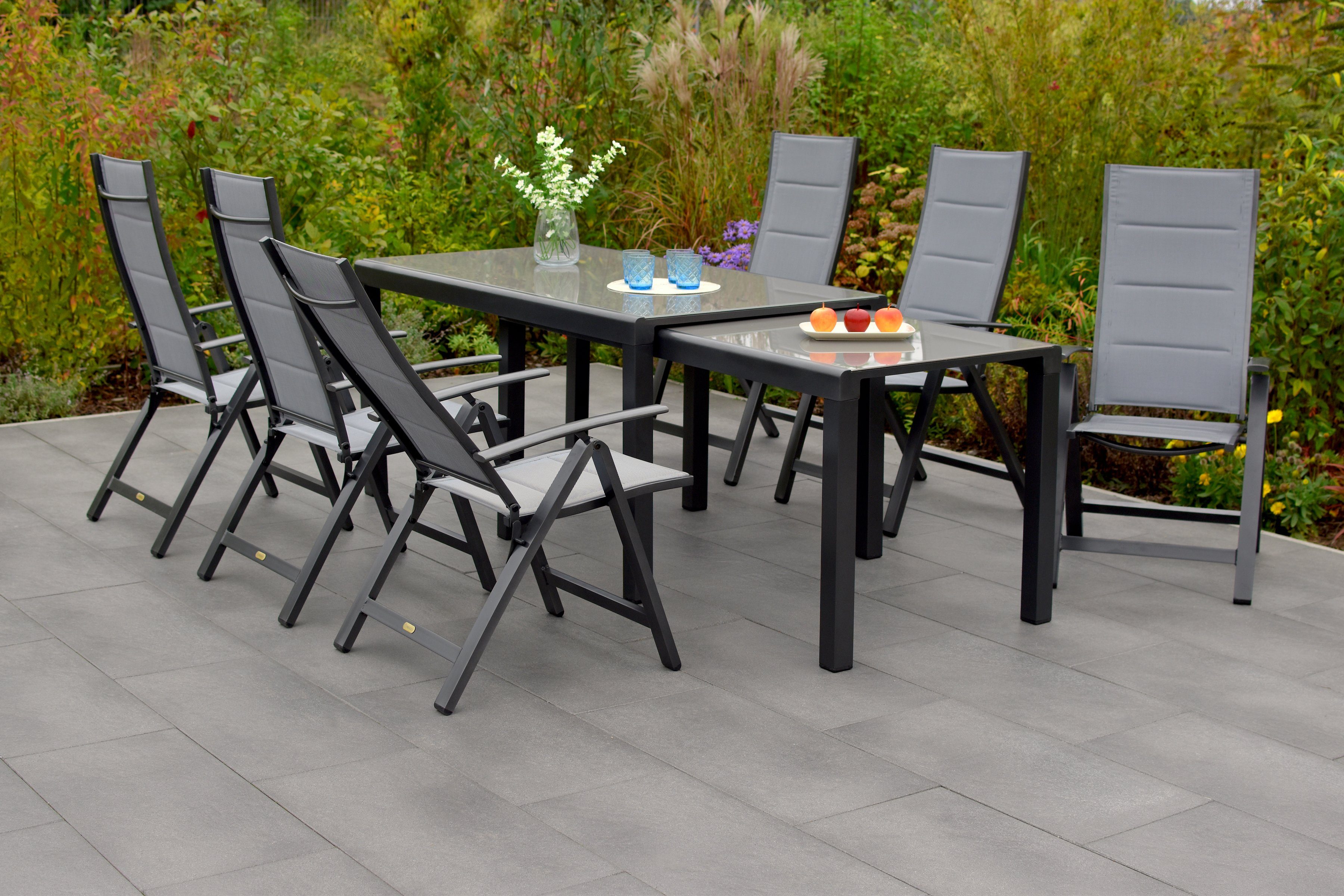 MERXX Tuin-eethoek Florence 6 klapstoelen, 5-voudig verstelbaar, uitschuifbare tafel (7-delig) tuinsets