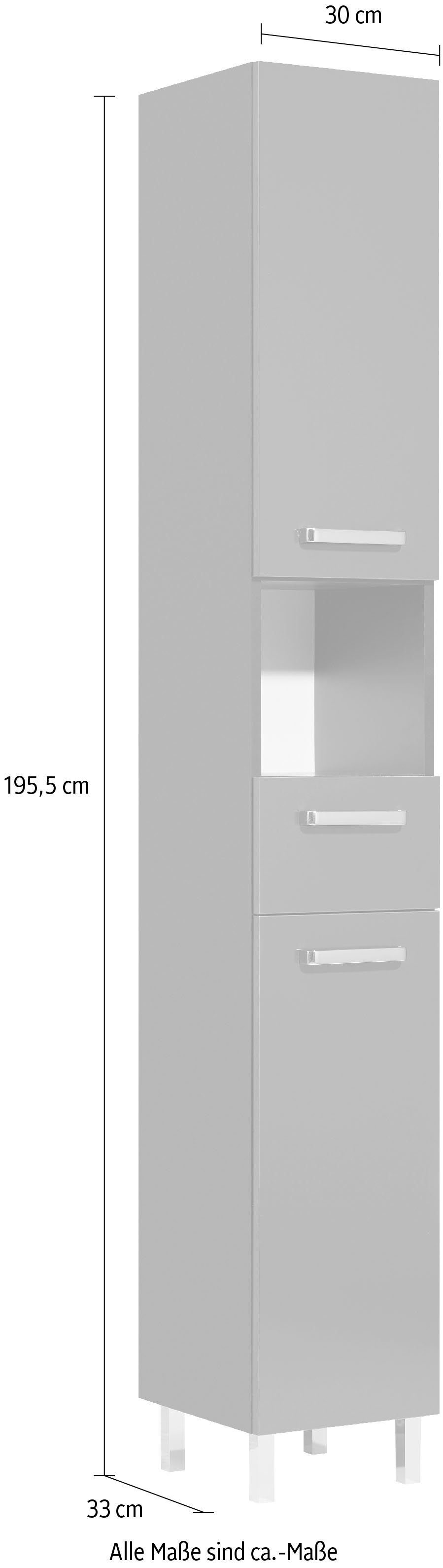 Saphir Hoge kast Quickset badkamermeubel 30 cm breed, 2 deuren, 1 nis, 1 lade Hoge badkamerkast inclusief deurdemper, grepen in glanzend chroom