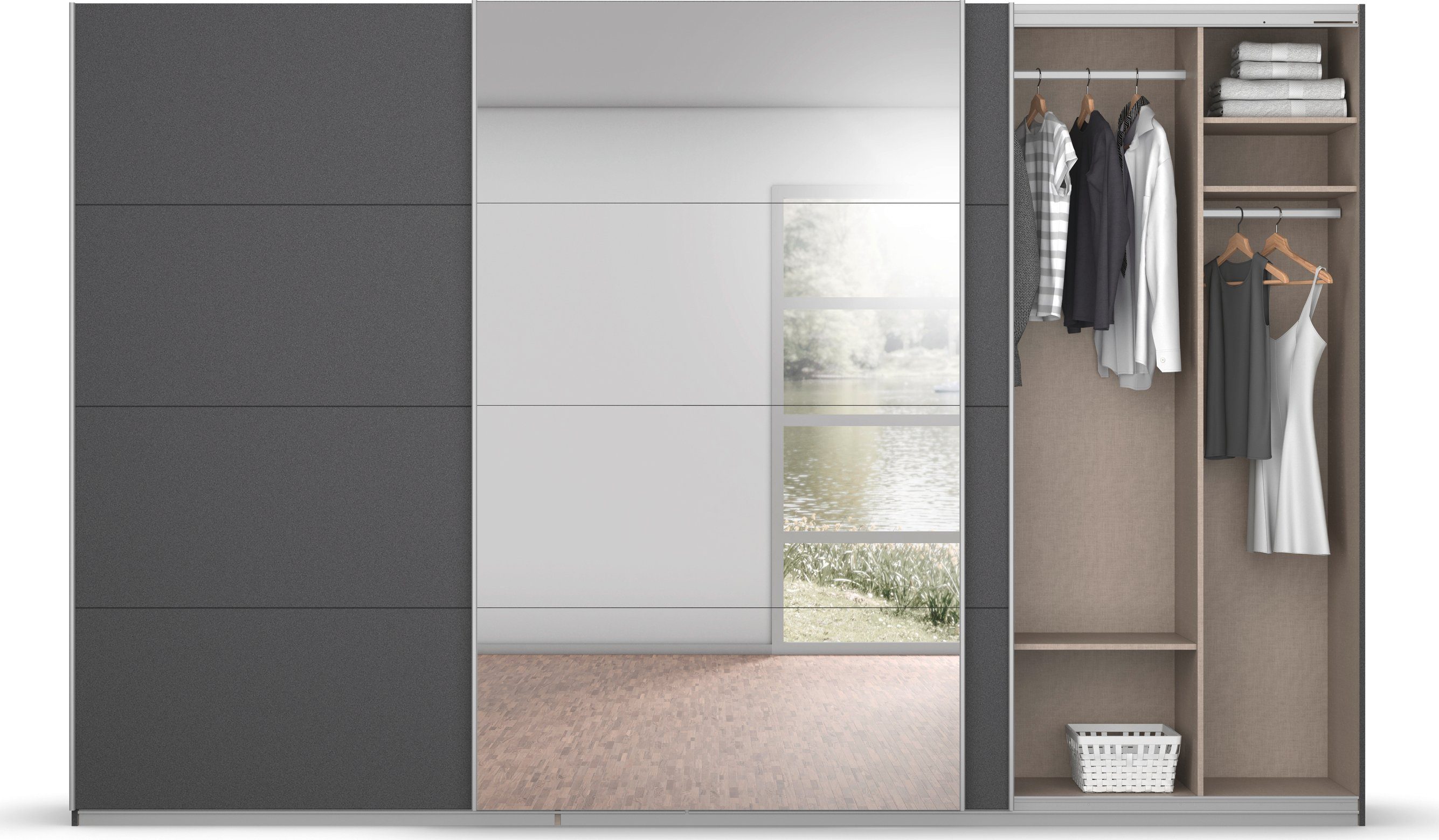 rauch Zweefdeurkast Kledingkast kast garderobe BESTSELLER KOLUNA met spiegel inclusief 2 binnenladen en extra legplanken made in germany