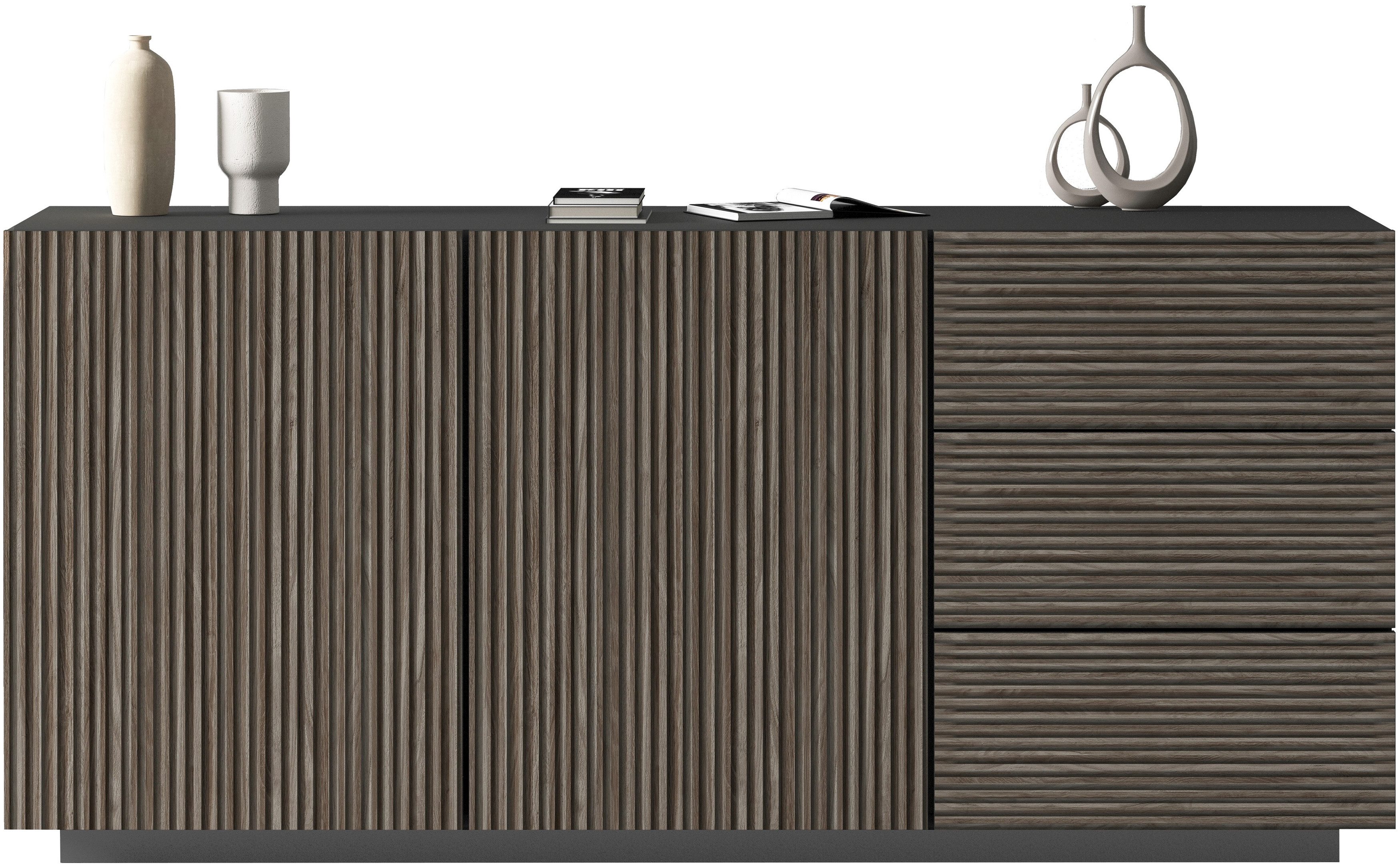 INOSIGN Dressoir Vega Sideboard, Ladekast, 180 cm met 2 deuren en 3 lades, fronten met groeflook