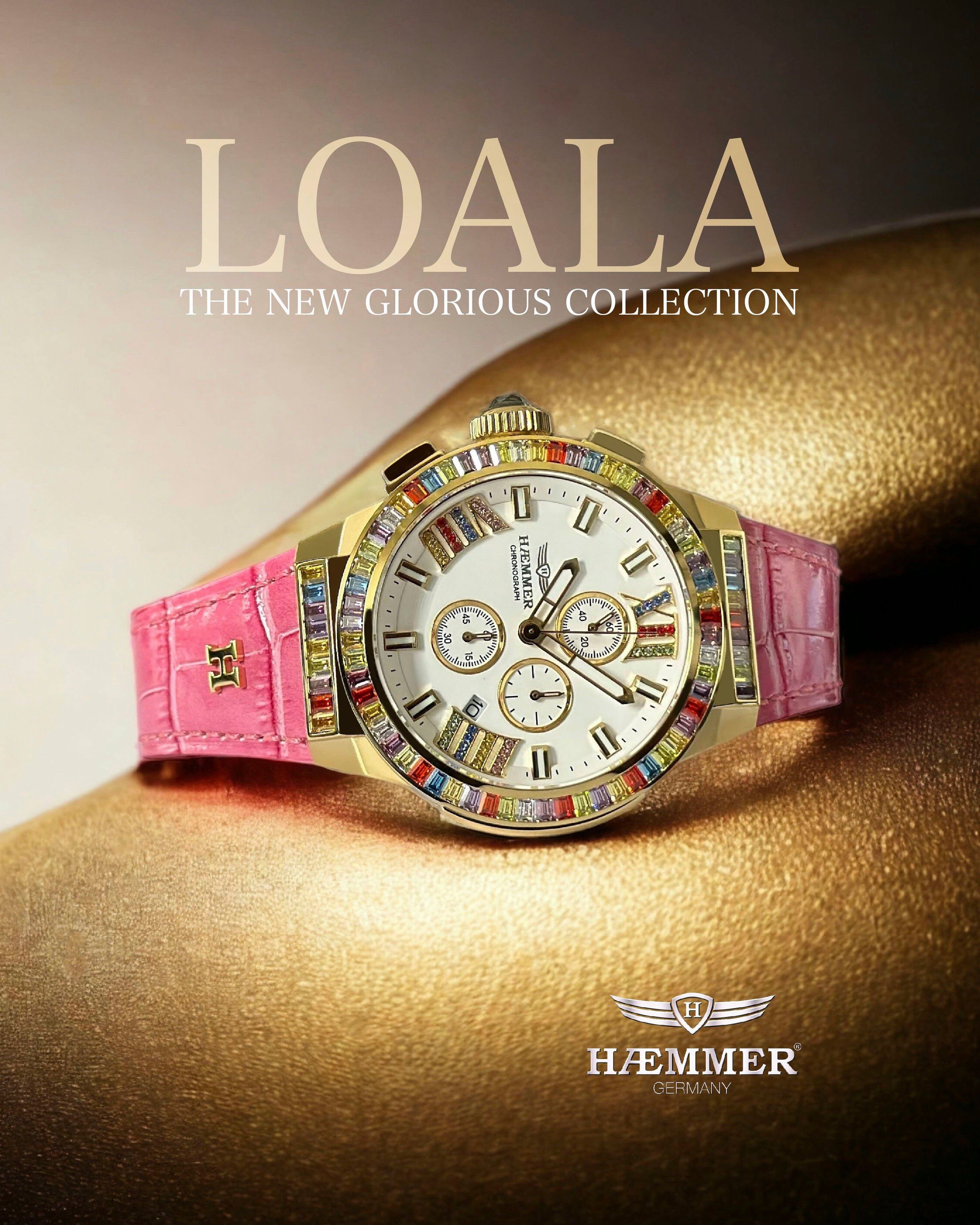 HAEMMER GERMANY Chronograaf Glorious Quartzhorloge, dameshorloge, datum, stopwatchfunctie, saffierglas, leren band