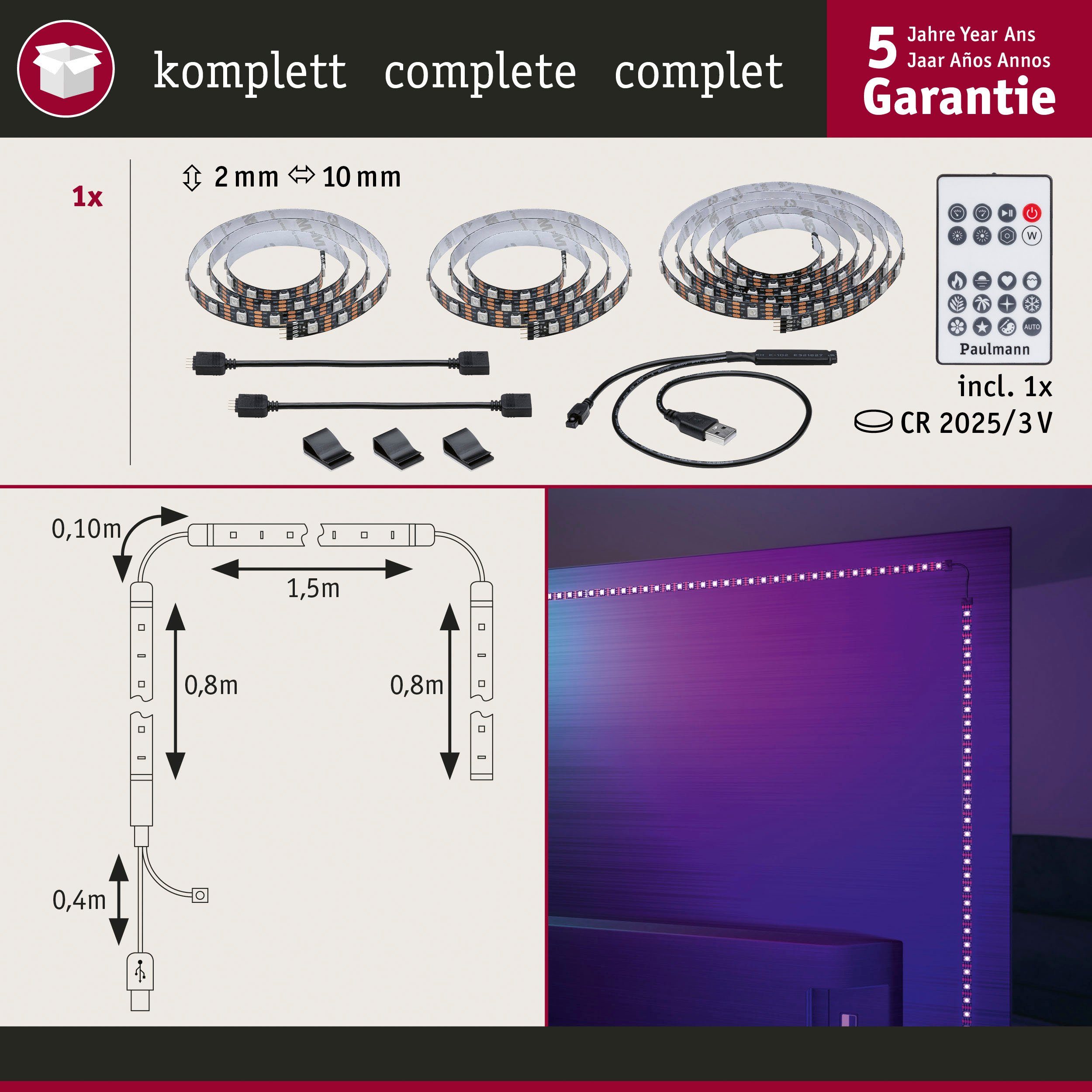 Paulmann Led-strepen USB LED Strip TV-Verlichting 75 Inch 3,1m Dynamic Rainbow RGB 5W (1 stuk)