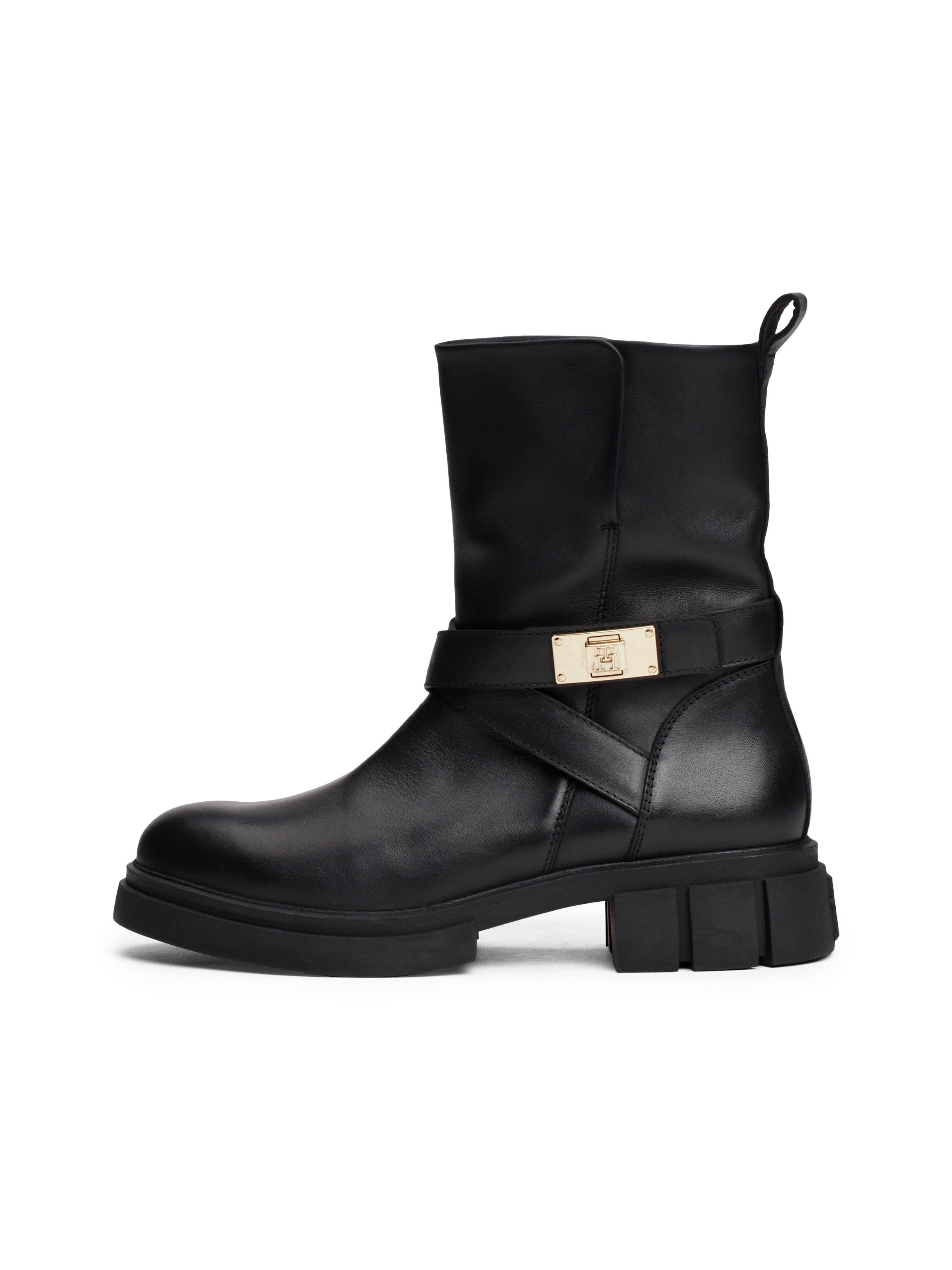 Tommy Hilfiger Bikerboots BIKER LEATHER blokhak, enkellaars, laarzen met gouden sieraad