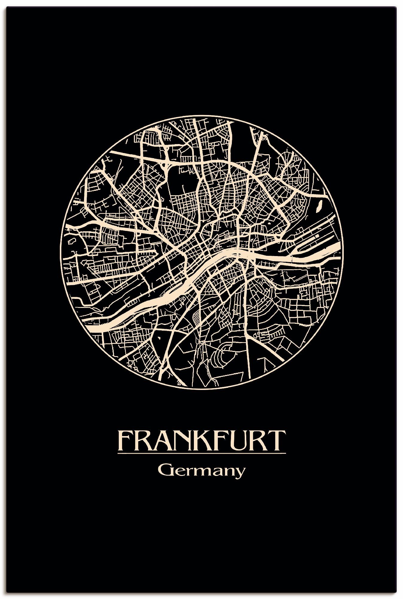 Artland Artprint Retro kaart Frankfurt Duitsland cirkel in vele afmetingen & productsoorten - artprint van aluminium / artprint voor buiten, artprint op linnen, poster, muursticker