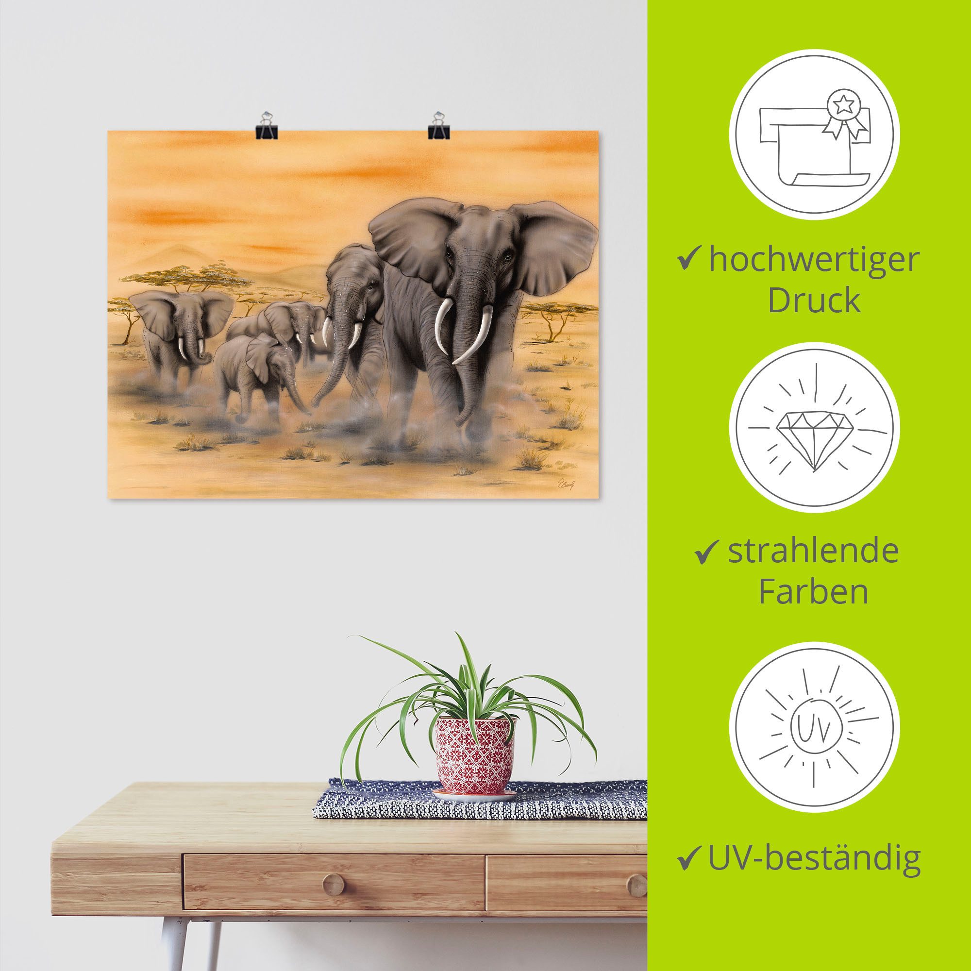 Artland Artprint Olifanten op de steppe als artprint van aluminium, artprint voor buiten, artprint op linnen, poster, muursticker