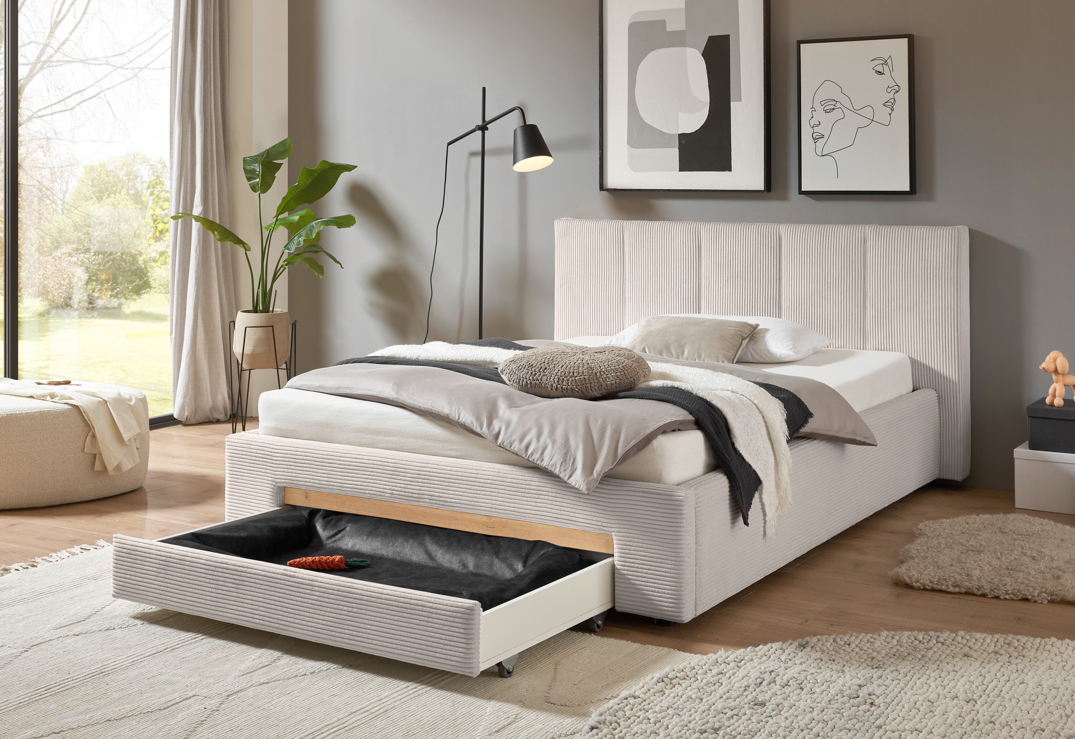 INOSIGN Gestoffeerd bed CiTY/GiRON, bedframe met bedlade, gestoffeerd opbergbed met hondenbed of opberglade, bekleding van corduroy of linnenlook