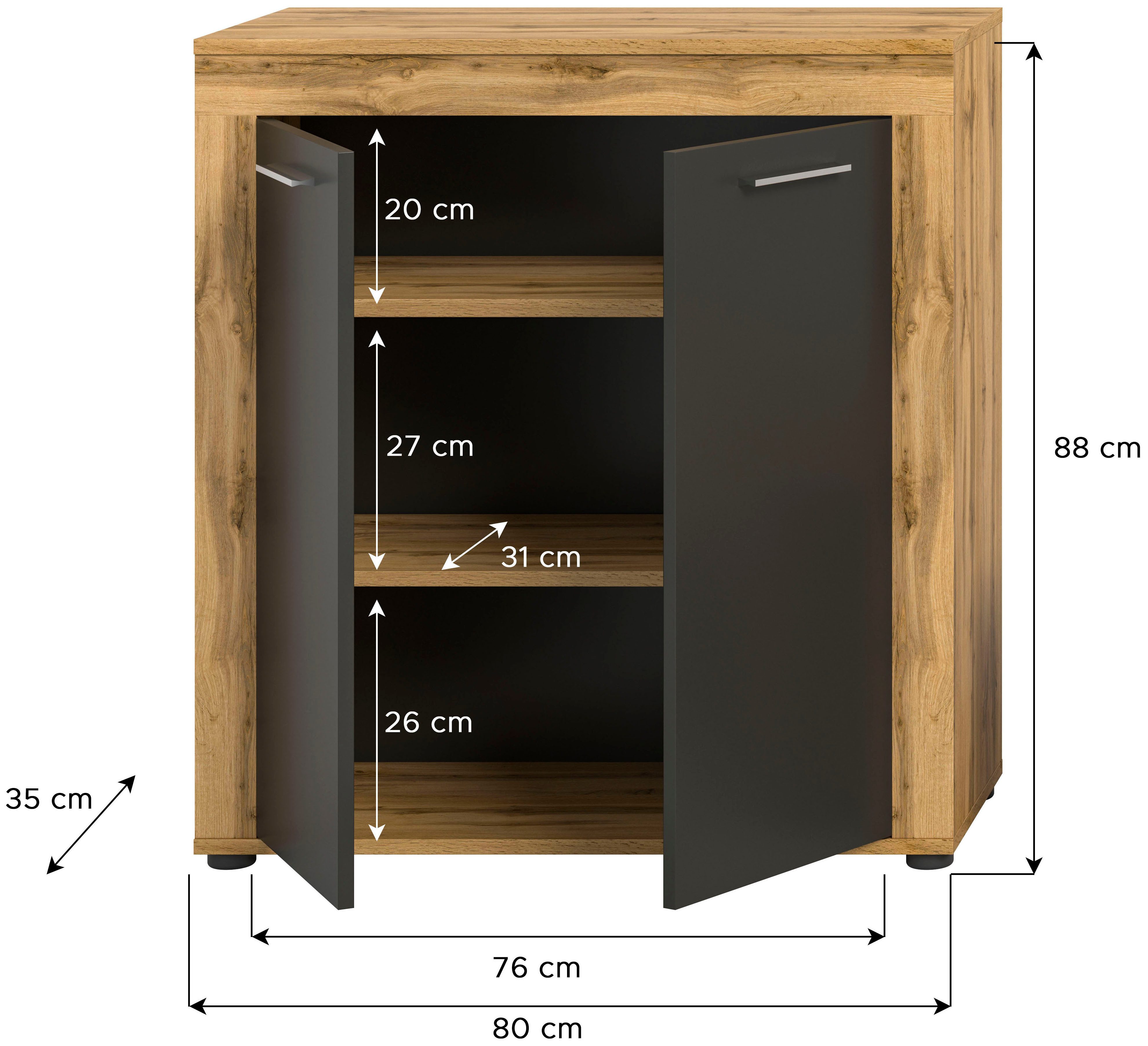 INOSIGN Highboard Aosta, Hoogte 88 cm, in verschillende kleuren met 2 deuren en 3 vakken, woonkamer, commode, kast