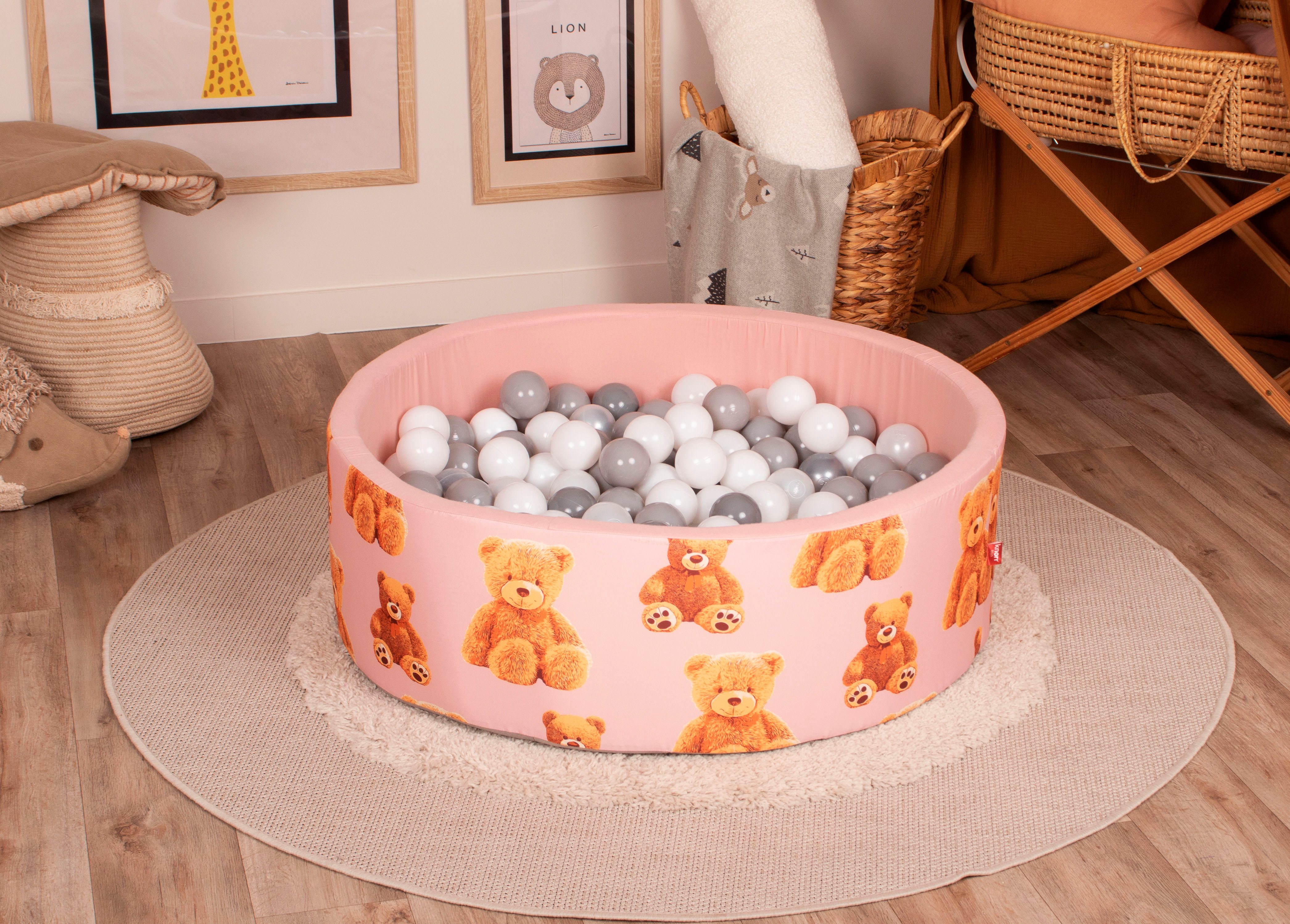 Knorrtoys® Ballenbak Soft, teddy pink met 150 ballen grijs/wit/transparant, gemaakt in europa