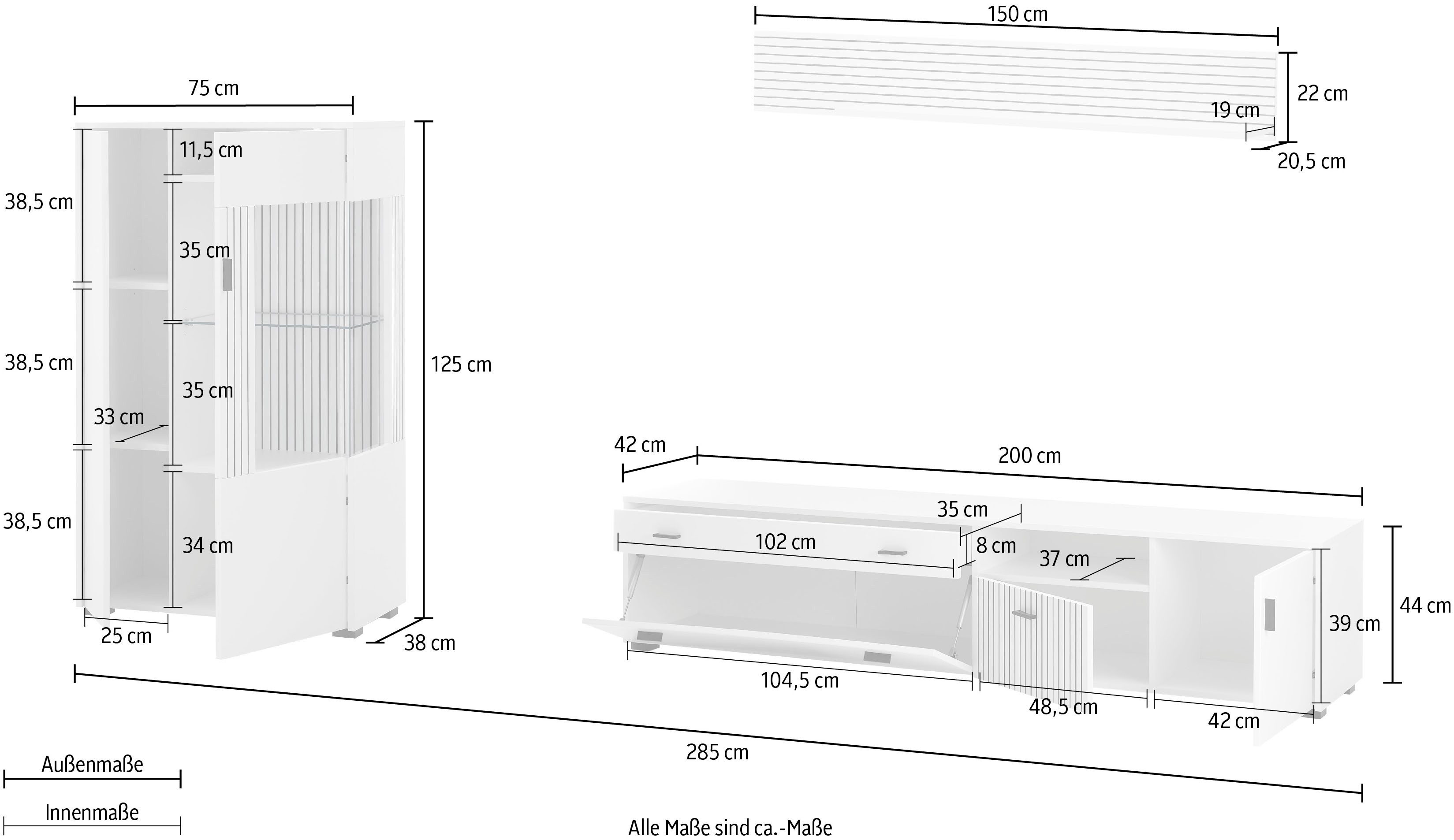 INOSIGN Wandmeubel Hudson met moderne groevenlook, handgrepen van metaal (zwart), breedte 285 cm (set, 3-delig)