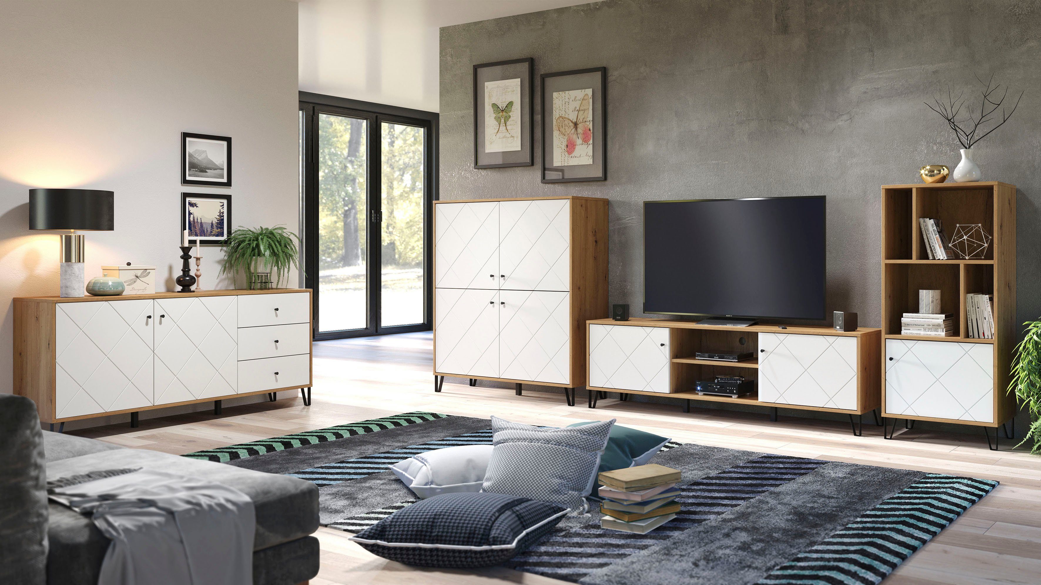 Places of Style Tv-meubel Tarragona TV-kast TV-lowboard met frezingen in ruitlook en kabeldoorvoer, Br.183 cm