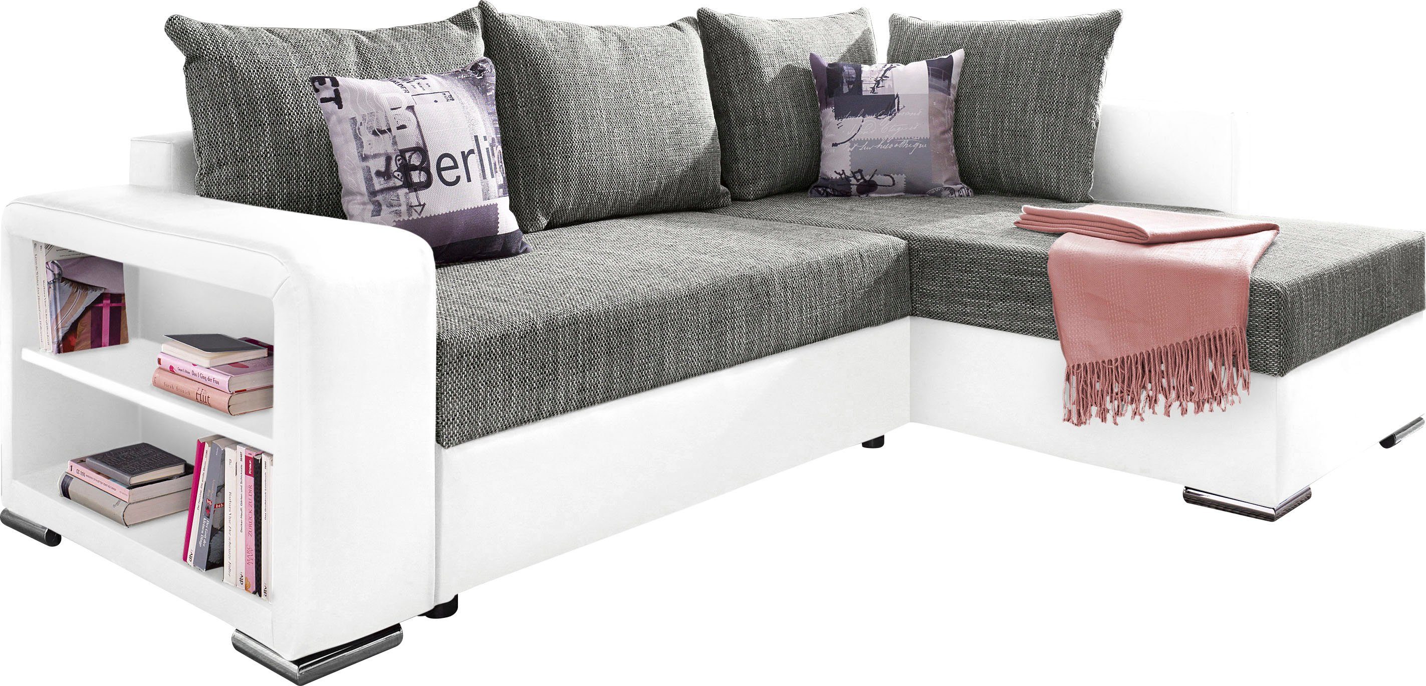 COLLECTION AB Hoekbank John L-vorm met bedfunctie, bedlade en geïntegreerd rek