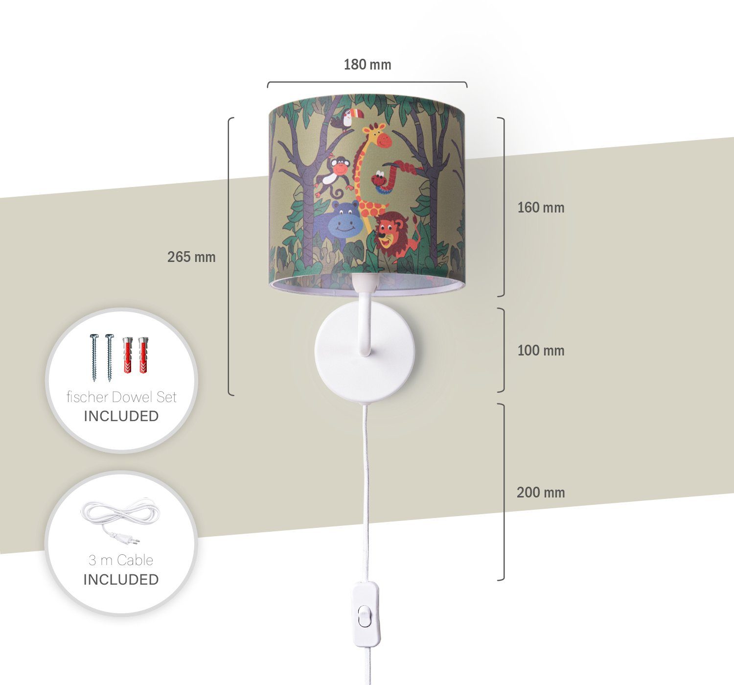 Paco Home Wandlamp Diamond 638 Lamp kinderkamer âˆ…18cm jungle dier-motief kabel 3m E14