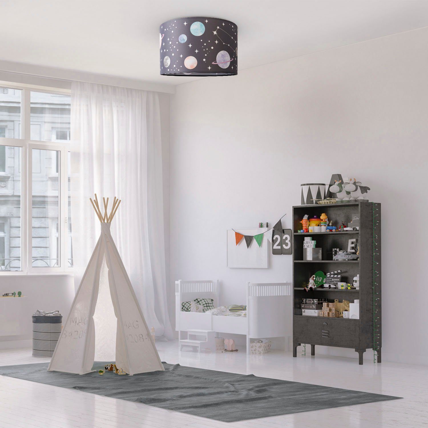 Paco Home Plafondlamp Hugo Cosmo Kinderkamer plafondlamp kinder lamp ruimte planeet stoffen kap