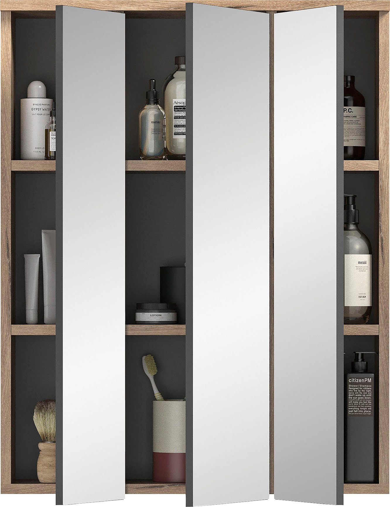 INOSIGN Badkamerspiegelkast Riga, breedte 60cm, 3 spiegelt deuren, 9 vakken, 6 planken