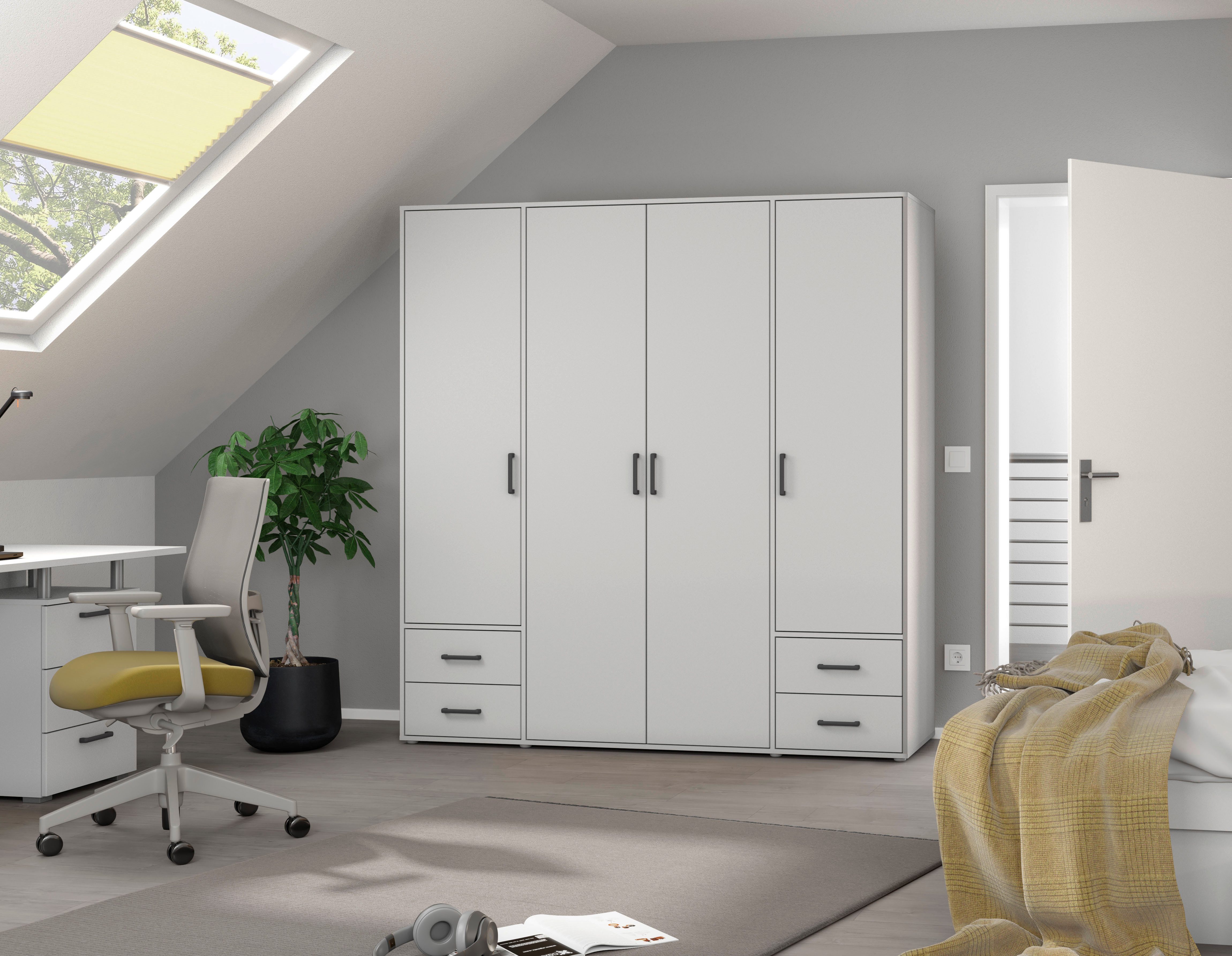 rauch Draaideurkast Voyager, kledingkast met buitenladen, garderobe moderne grepen in grijs metallic met buitenlades made in germany