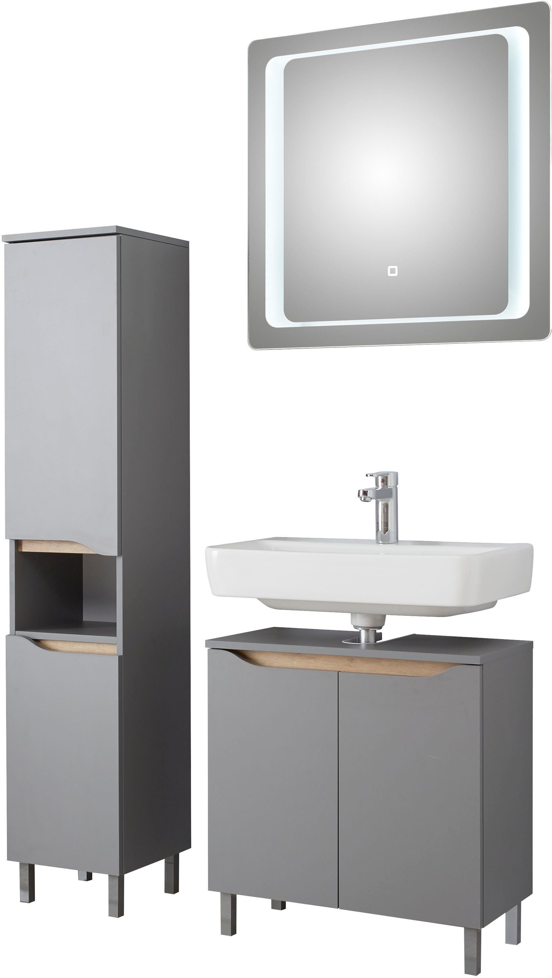 Saphir Badkamerserie Quickset 3-delig, wastafelonderkast met led-spiegel met halfhoge kast, inclusief deurdemper, 4 deuren, 1 nis, badkameraccessoireset (3-delig)
