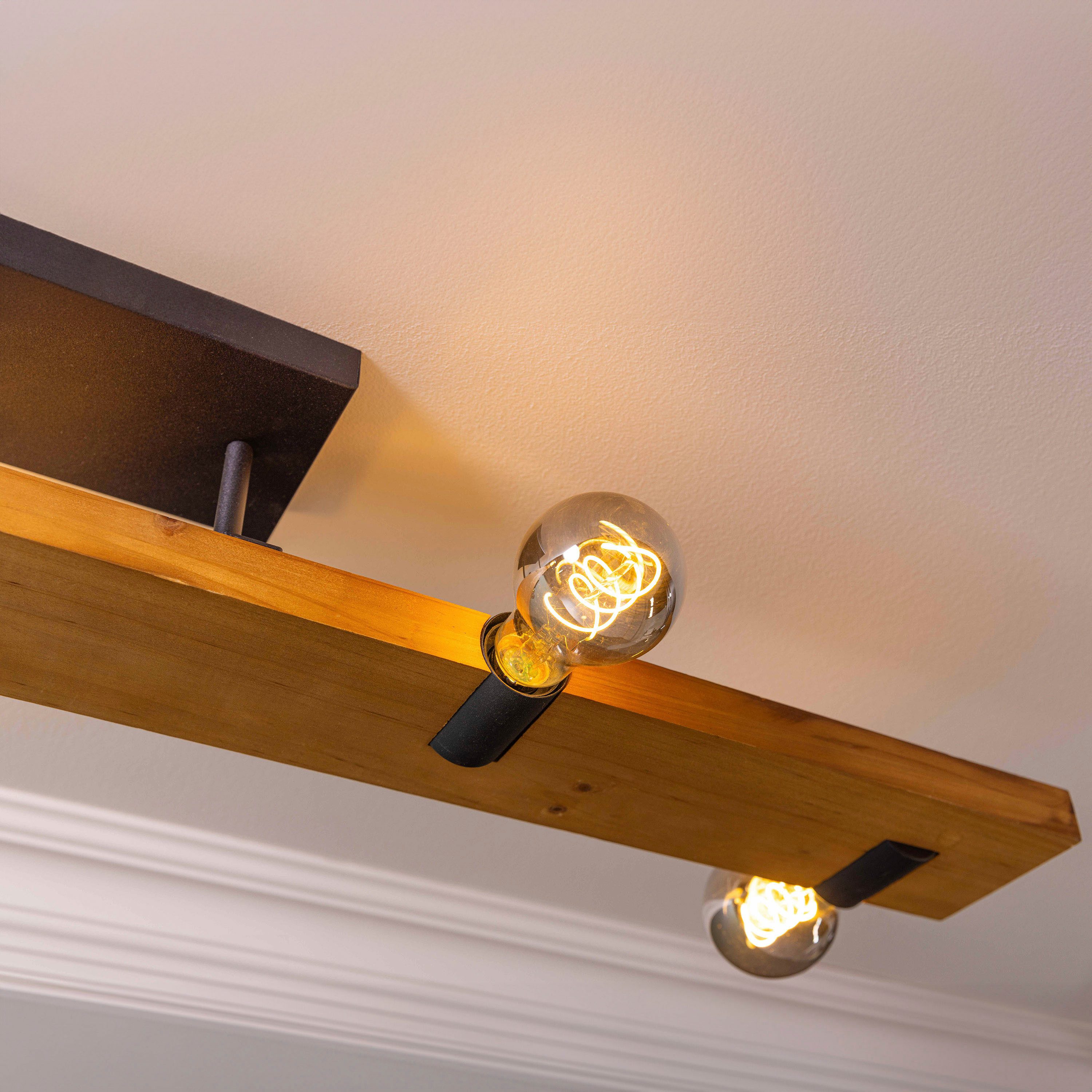 Brilliant Leuchten Plafondlamp Mertes Plafondlamp, E27, 115 x 12,5 cm, hout/metaal, bruin/zwart (1 stuk)