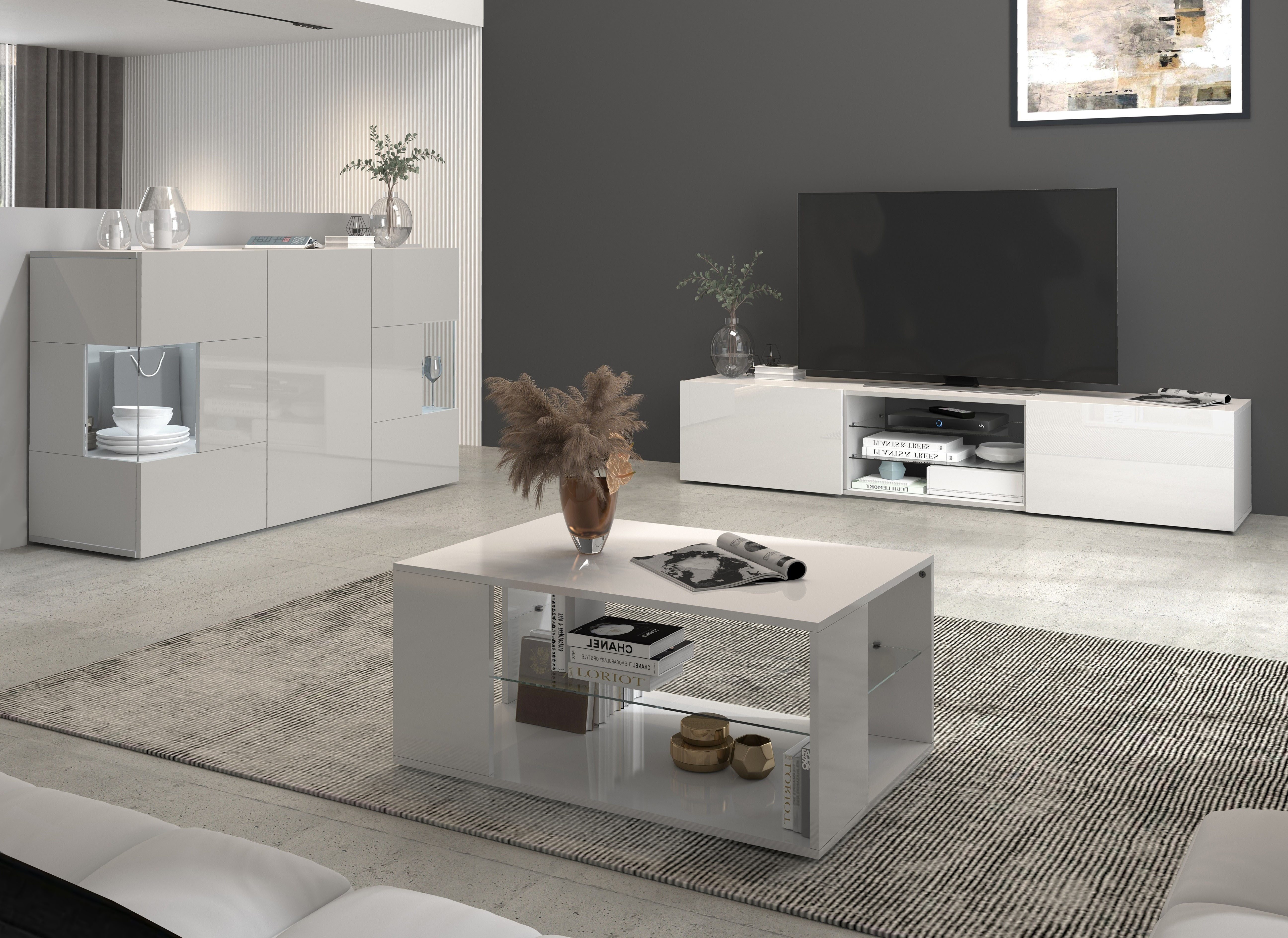INOSIGN Dressoir Egypte, Ladekast, Kast, Buffet, Vitrine greeploos 3 deuren waarvan 2 met glaselement, volledig hoogglans gelakt breedte 135