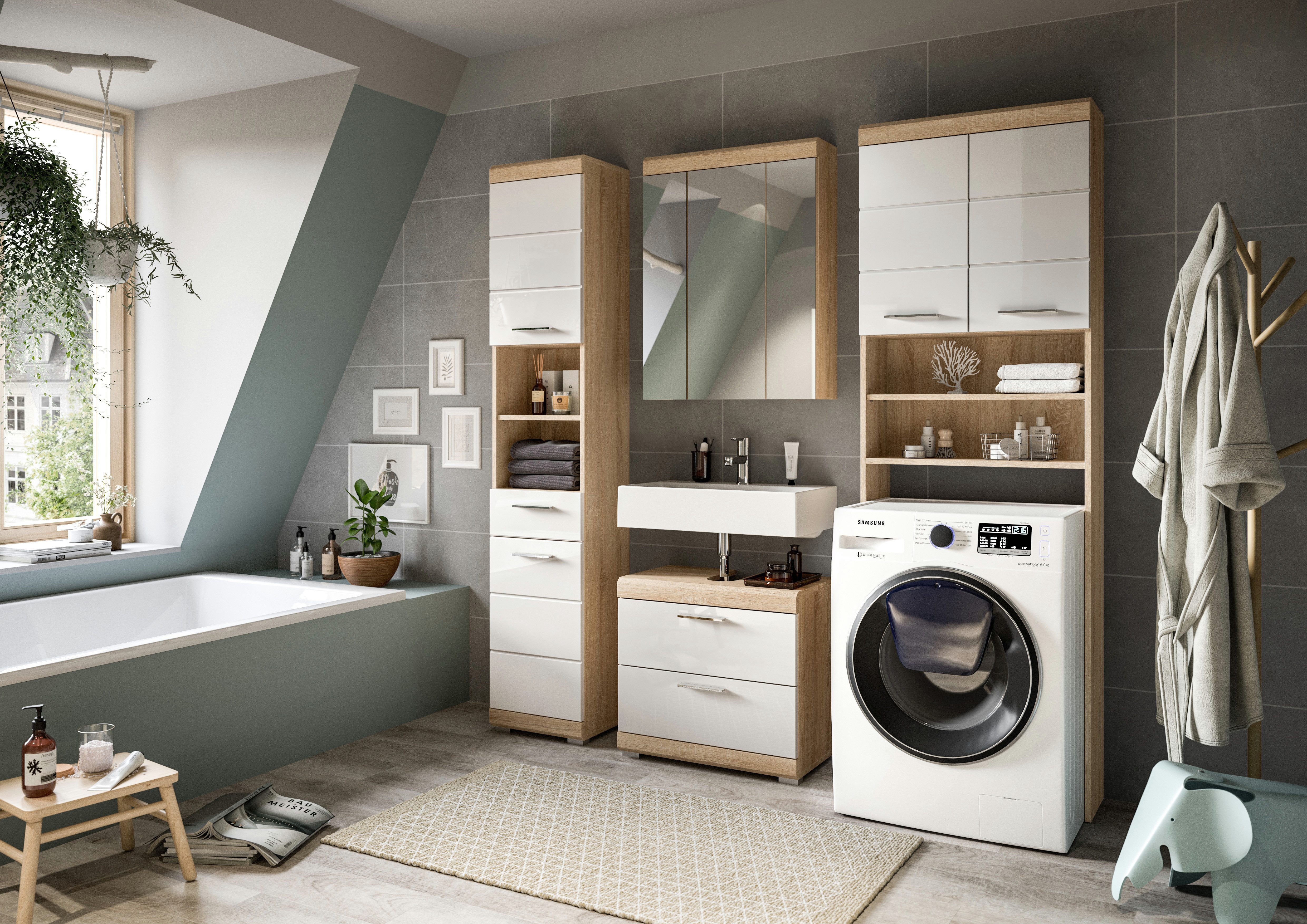 INOSIGN Badkamerserie Siena, 4-delig, bestaande uit: Hoge kast, WBU, spiegelkast, wasmachine ombouwkast (set, 4-delig)