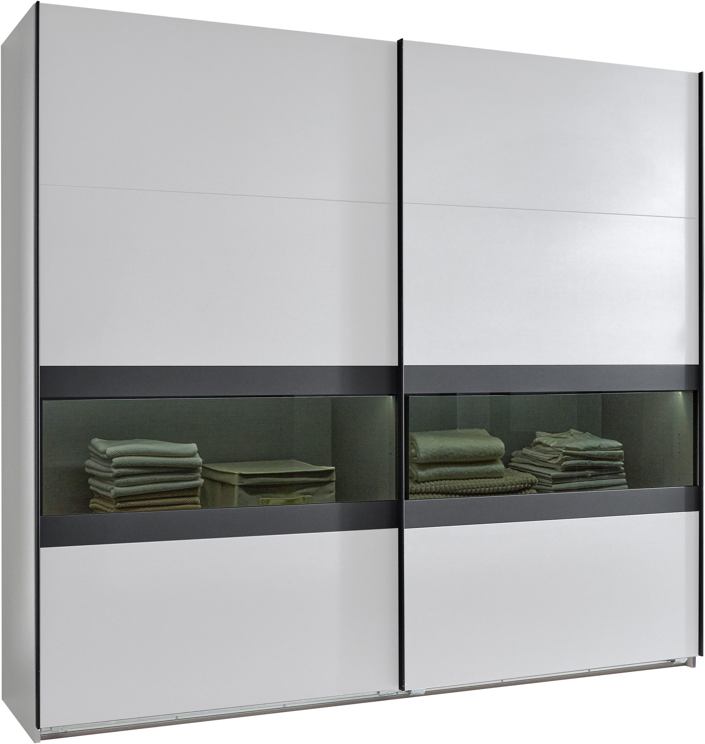 Wimex Schuifdeurkast Easy Plus, kledingkast Made in Germany met glazen inzet/ rookglas, vele breedtes beschikbaar, zwarte handgrepen zweefdeurkasten