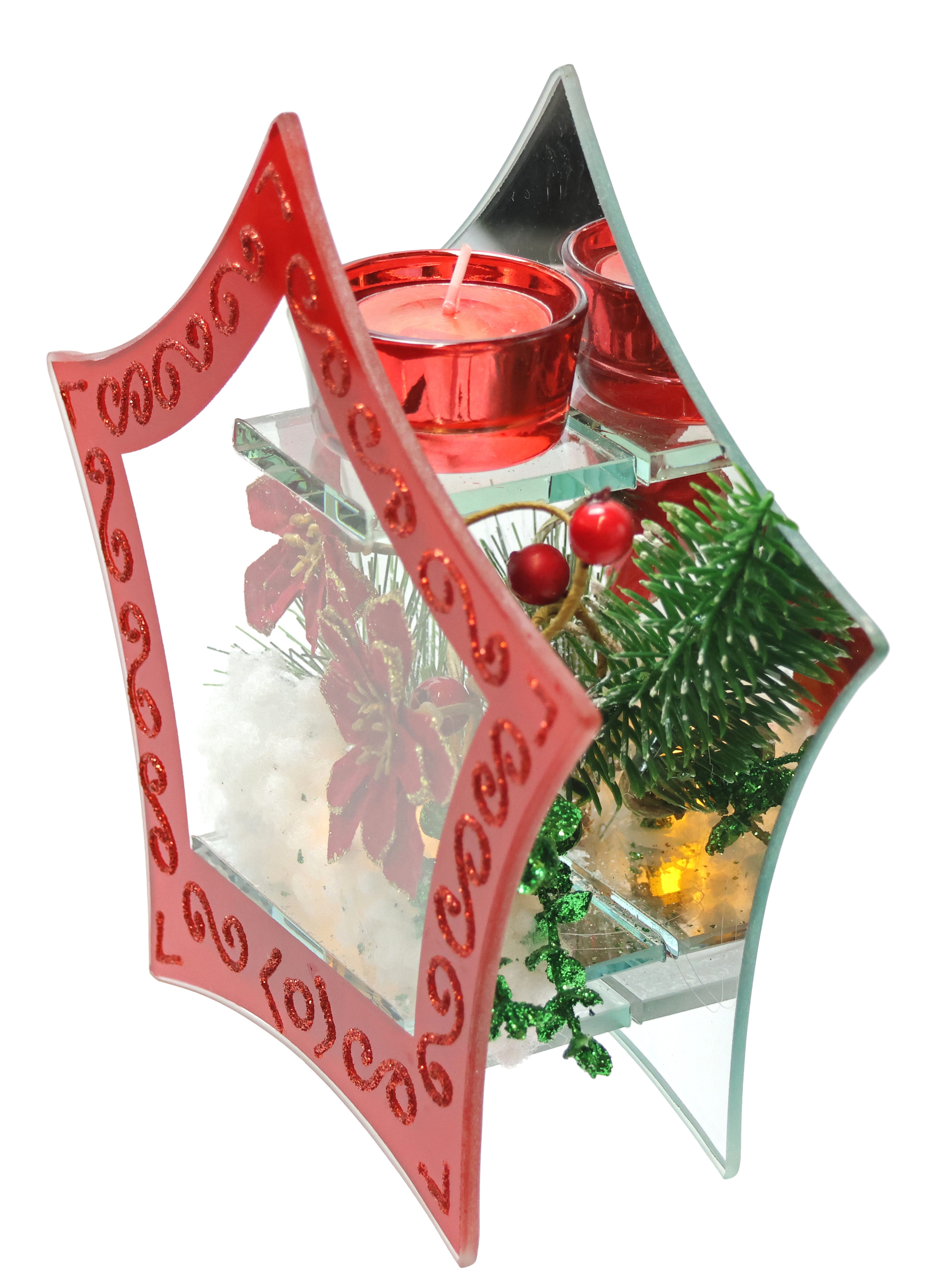 I.GE.A. Waxinelichthouder Decoratieobject met LED-licht en theelichtkaars Met kerstster bessen dennen kunstsneeuw kerstdecoratie decoratief object (1 stuk)