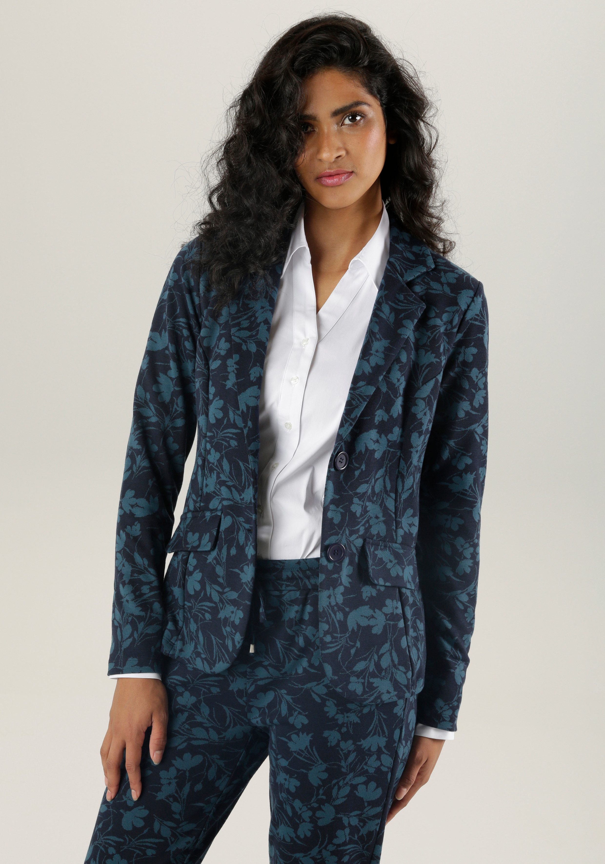 Aniston SELECTED Korte blazer met kleurharmonisch jacquard-bloemenmotief dames korte blazers maat 38 blauw