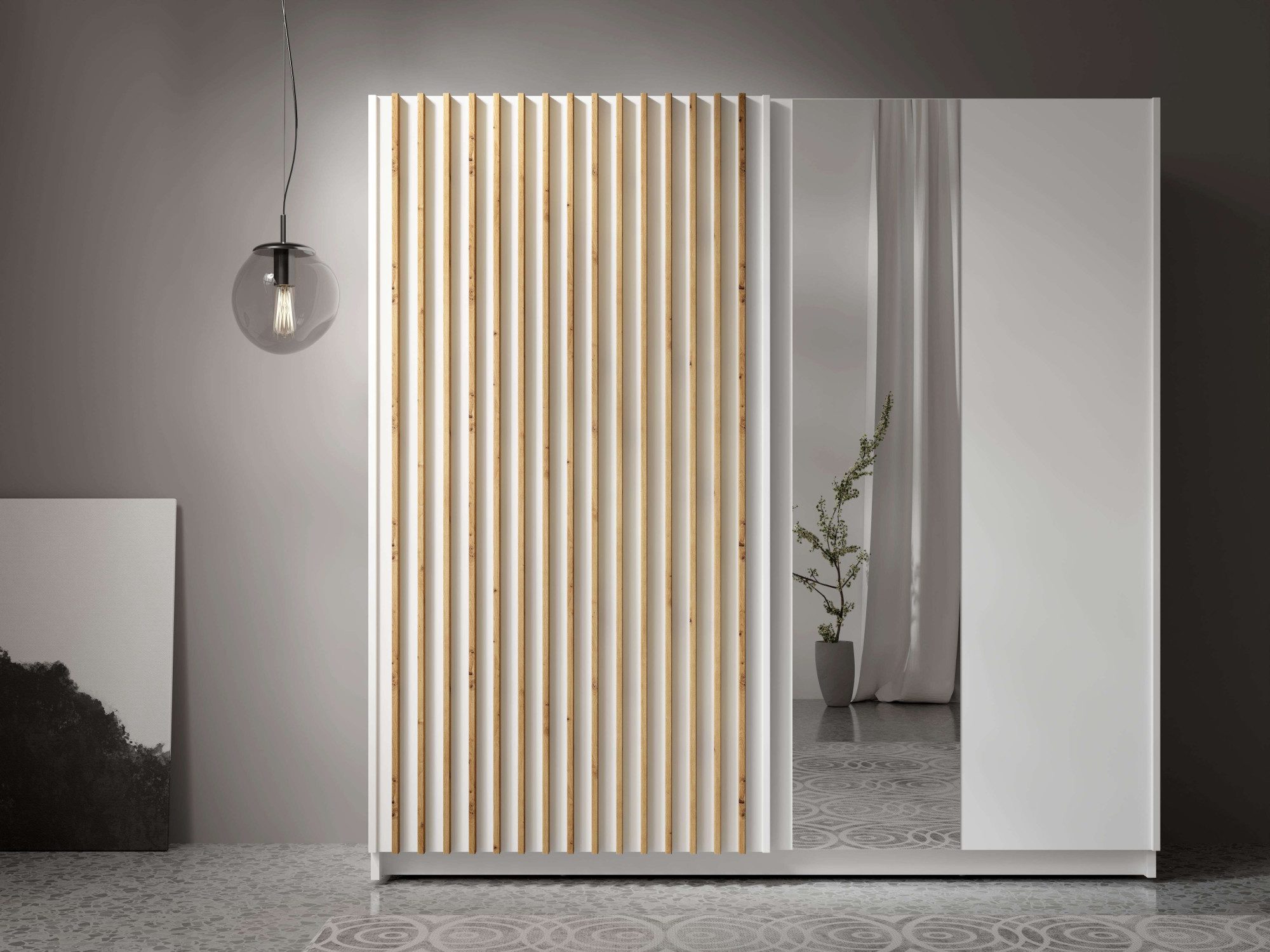 INOSIGN Kledingkast Camden met spiegel, 4 legplanken en kledingstang Garderobe met 2 schuifdeuren en lamellen, BxHxD 200,2x198,5x61,6 cm